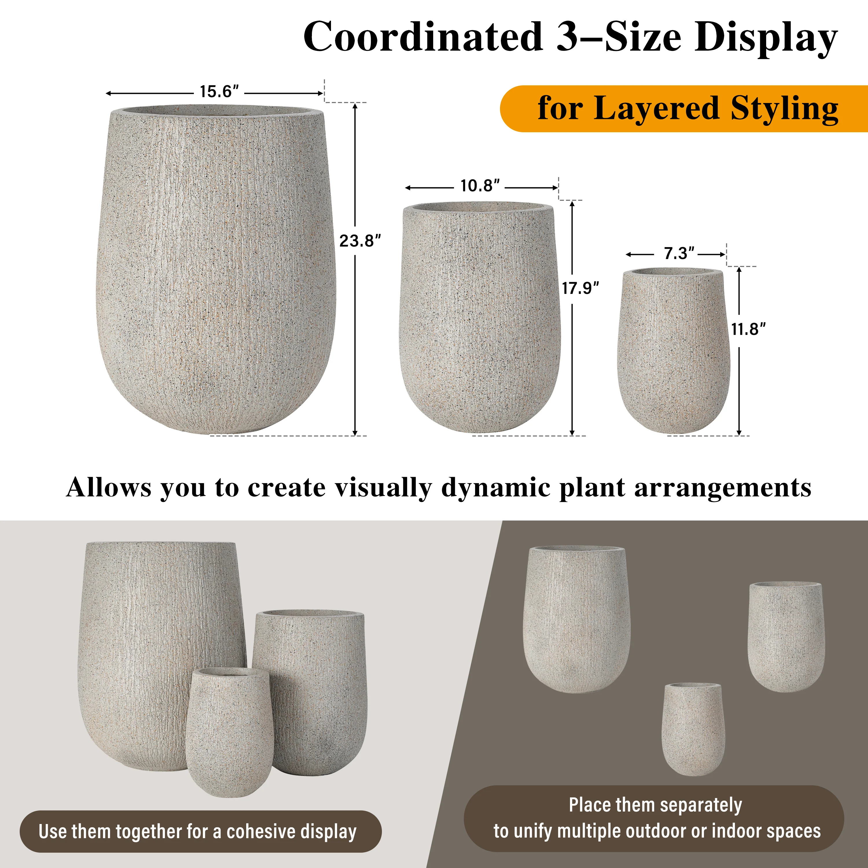 Modern Stone-Look Textured Round Shaped Lightweight Outdoor Planter Set of 3 - Image 11