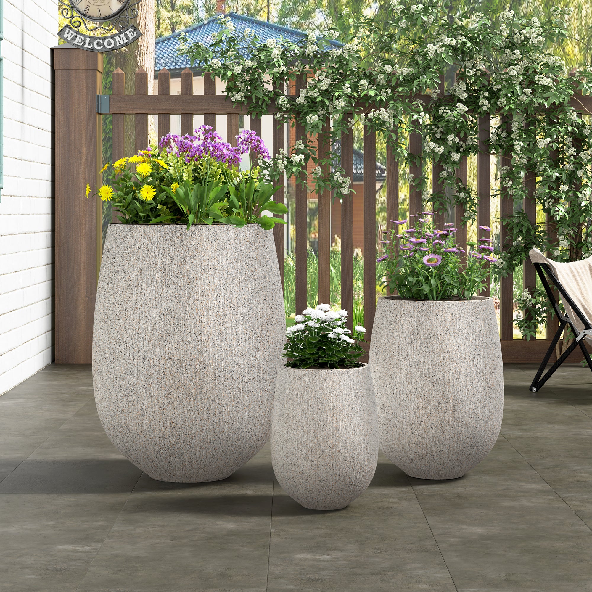 Modern Stone-Look Textured Round Shaped Lightweight Outdoor Planter Set of 3 - Image 2