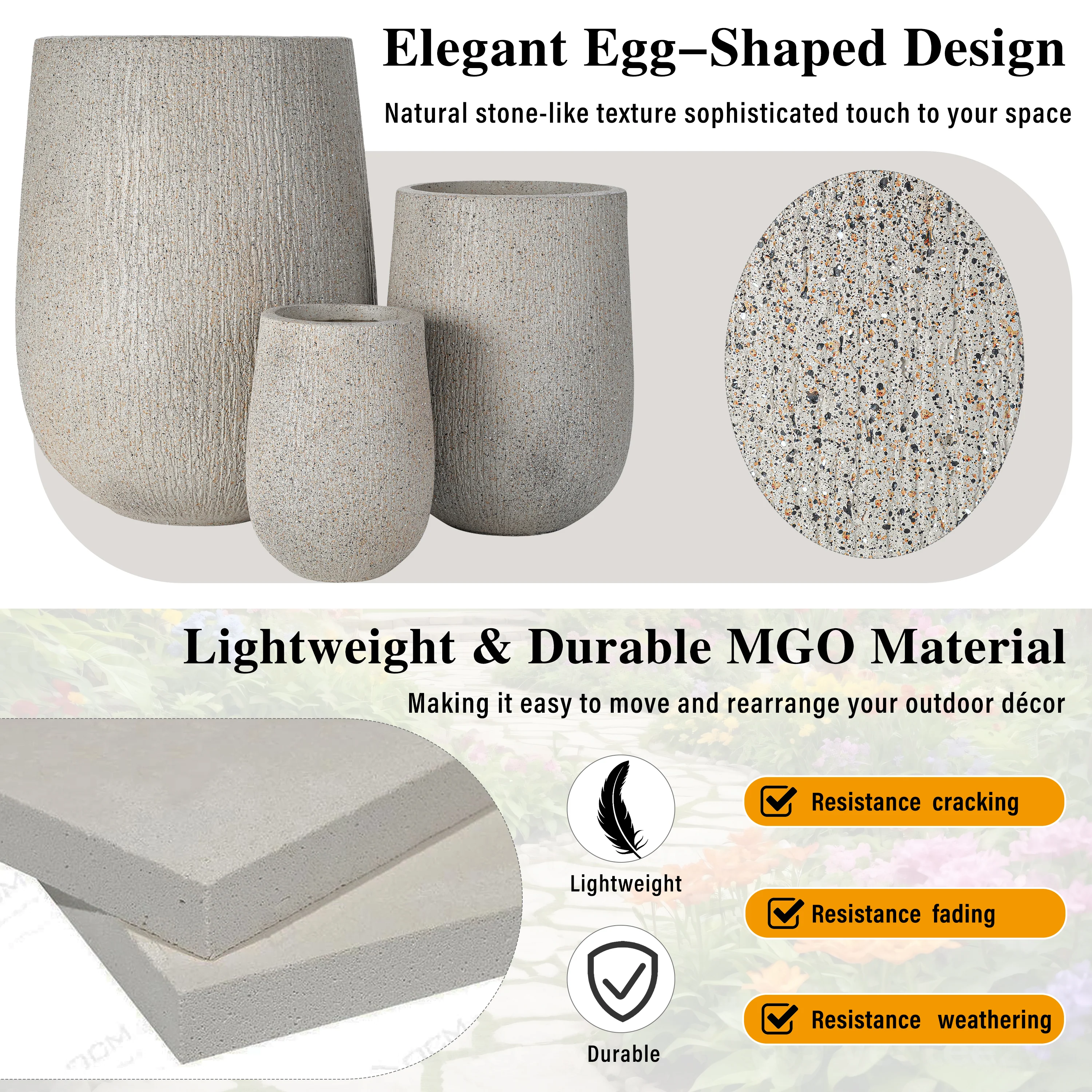 Modern Stone-Look Textured Round Shaped Lightweight Outdoor Planter Set of 3 - Image 3