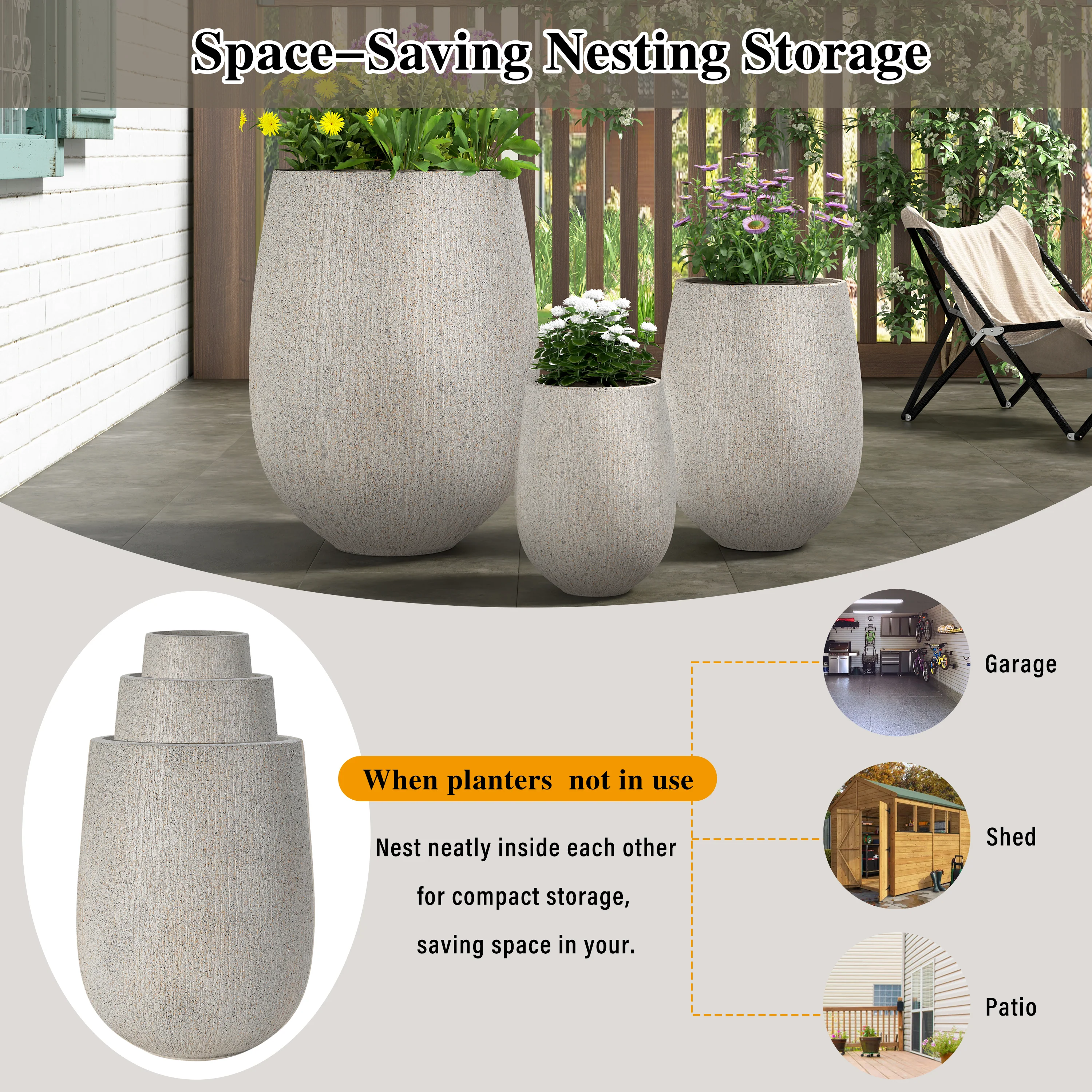 Modern Stone-Look Textured Round Shaped Lightweight Outdoor Planter Set of 3 - Image 5