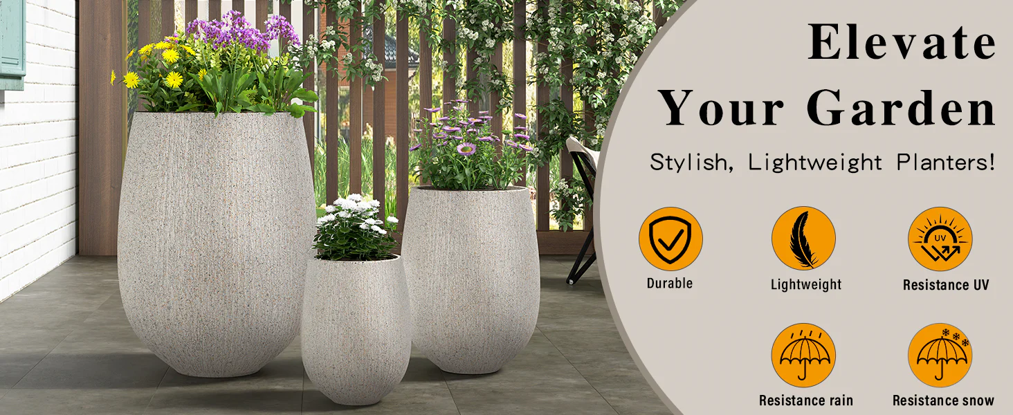 Modern Stone-Look Textured Round Shaped Lightweight Outdoor Planter Set of 3 - Image 7