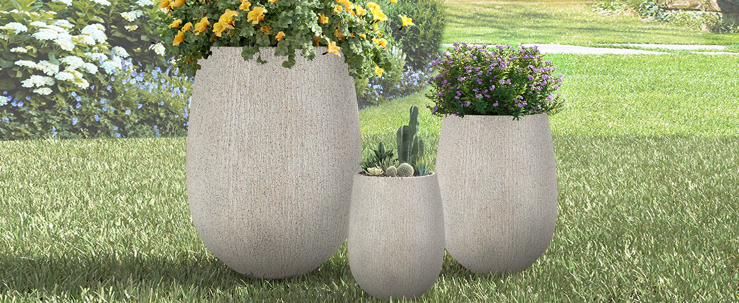 Modern Stone-Look Textured Round Shaped Lightweight Outdoor Planter Set of 3 - Image 8