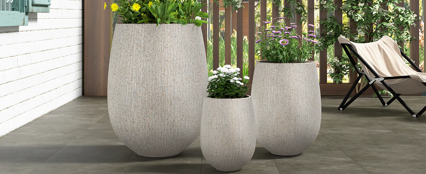 Modern Stone-Look Textured Round Shaped Lightweight Outdoor Planter Set of 3 - Image 9
