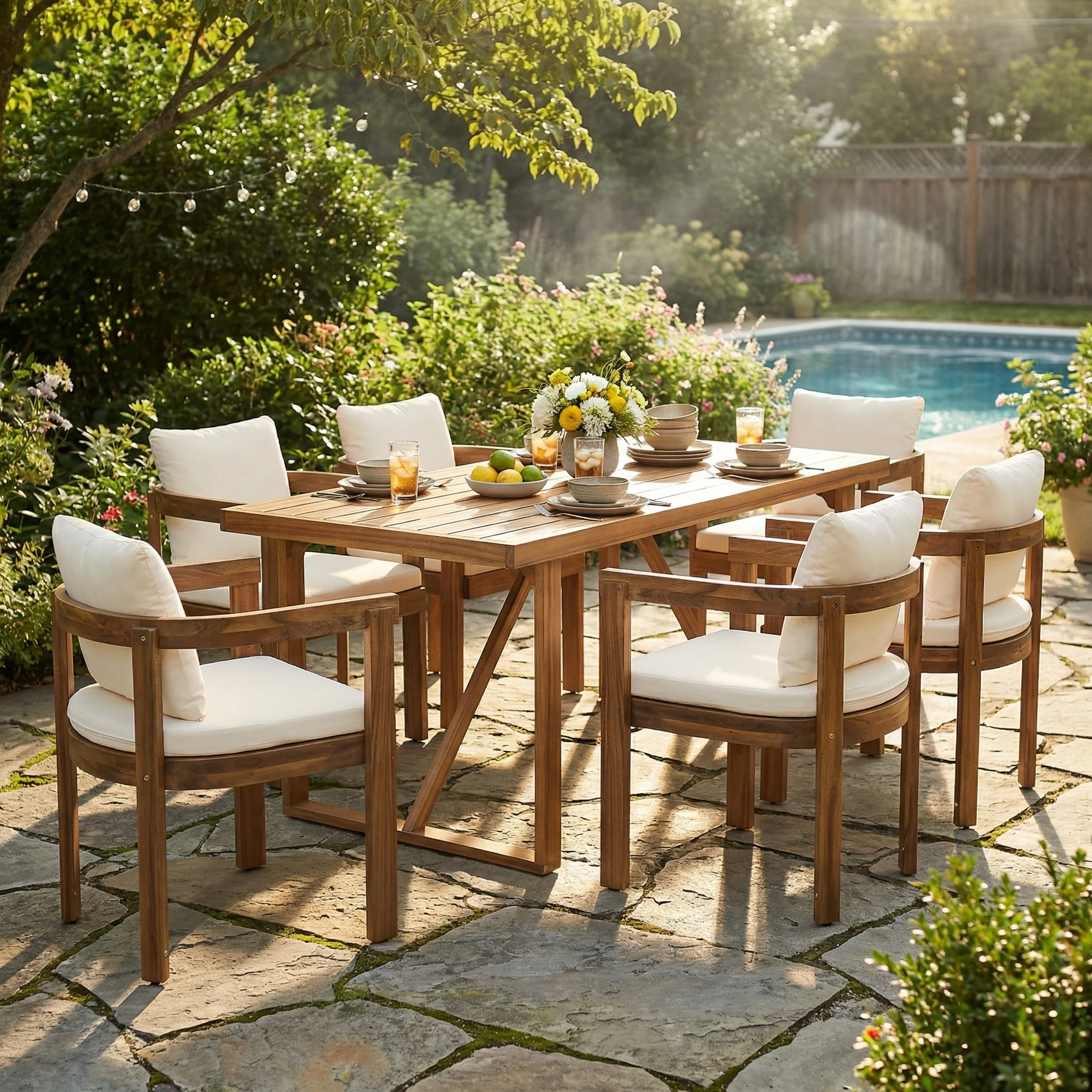 Modern Teak 7 Pieces Acacia Wood Outdoor Dining Set with Cream Cushions