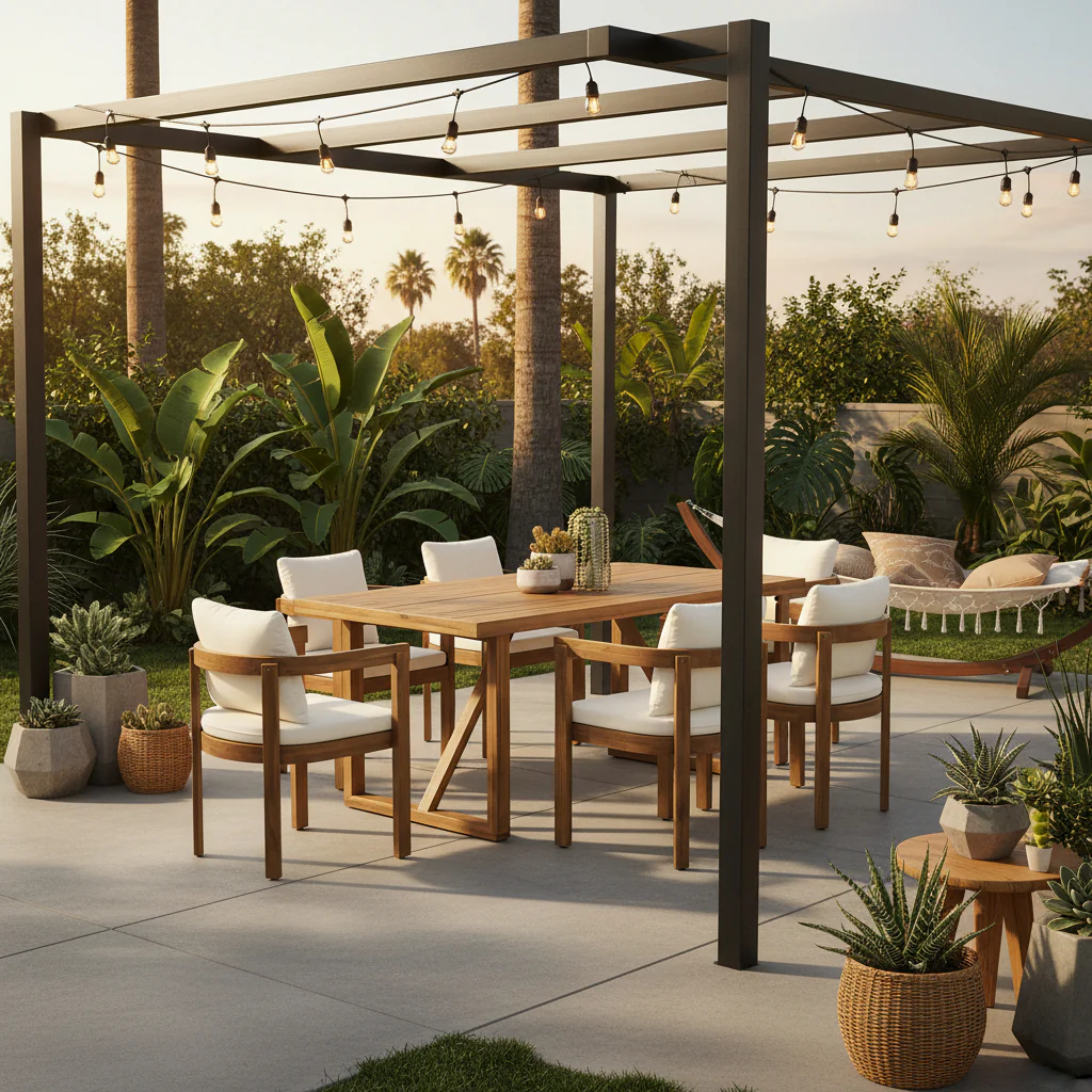Modern Teak 7 Pieces Acacia Wood Outdoor Dining Set with Cream Cushions - Image 2