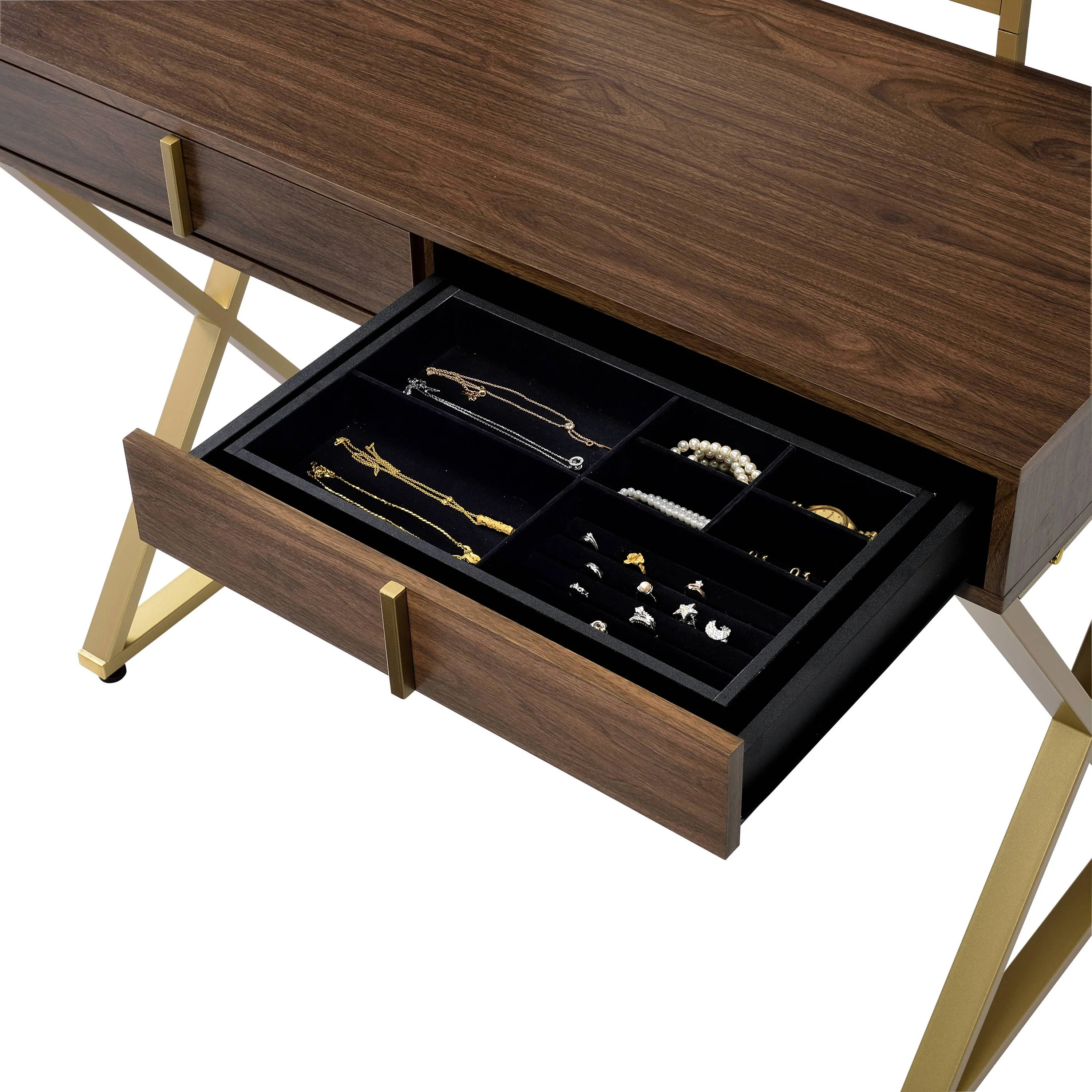 Walker Edison | Modern Walnut and Gold Finish Vanity Desk with Mirror and Jewelry Tray - Image 2