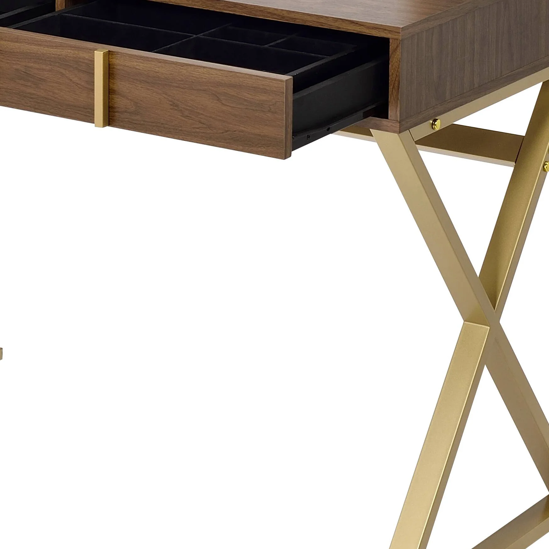 Walker Edison | Modern Walnut and Gold Finish Vanity Desk with Mirror and Jewelry Tray - Image 3
