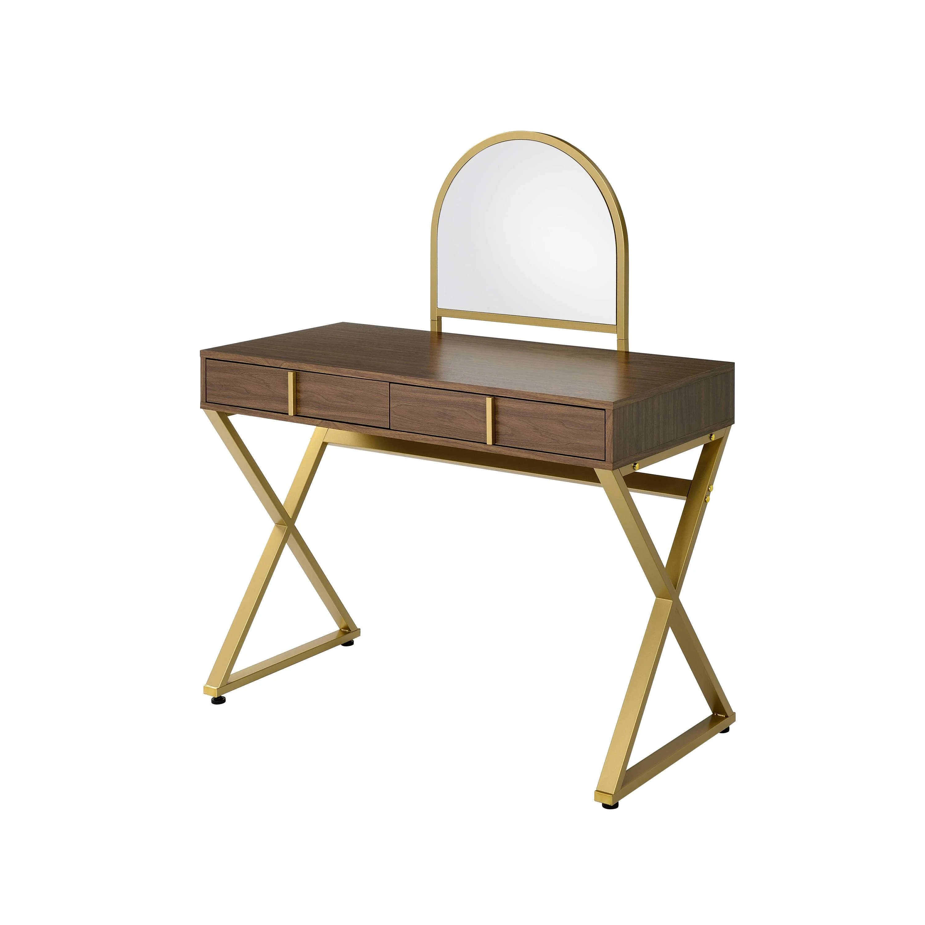 Walker Edison | Modern Walnut and Gold Finish Vanity Desk with Mirror and Jewelry Tray - Image 4
