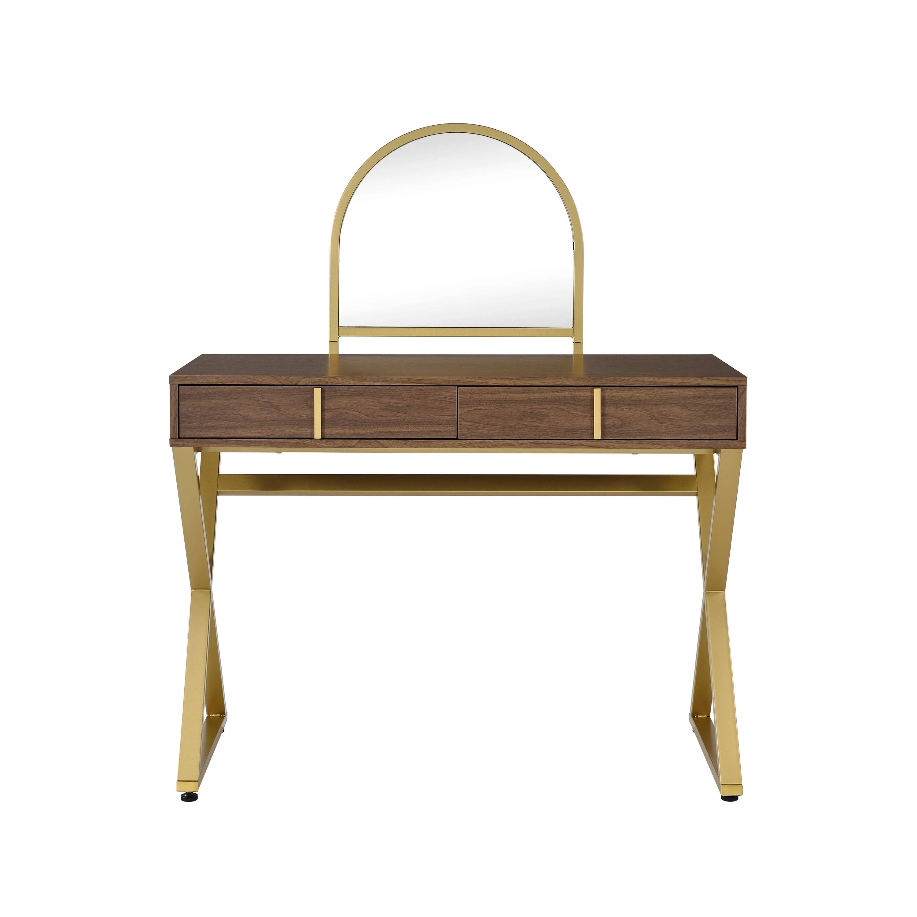 Walker Edison | Modern Walnut and Gold Finish Vanity Desk with Mirror and Jewelry Tray - Image 5