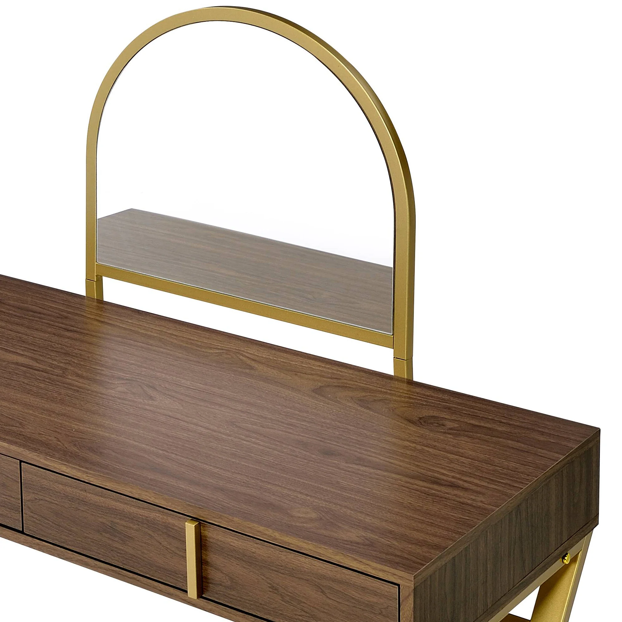 Walker Edison | Modern Walnut and Gold Finish Vanity Desk with Mirror and Jewelry Tray - Image 6