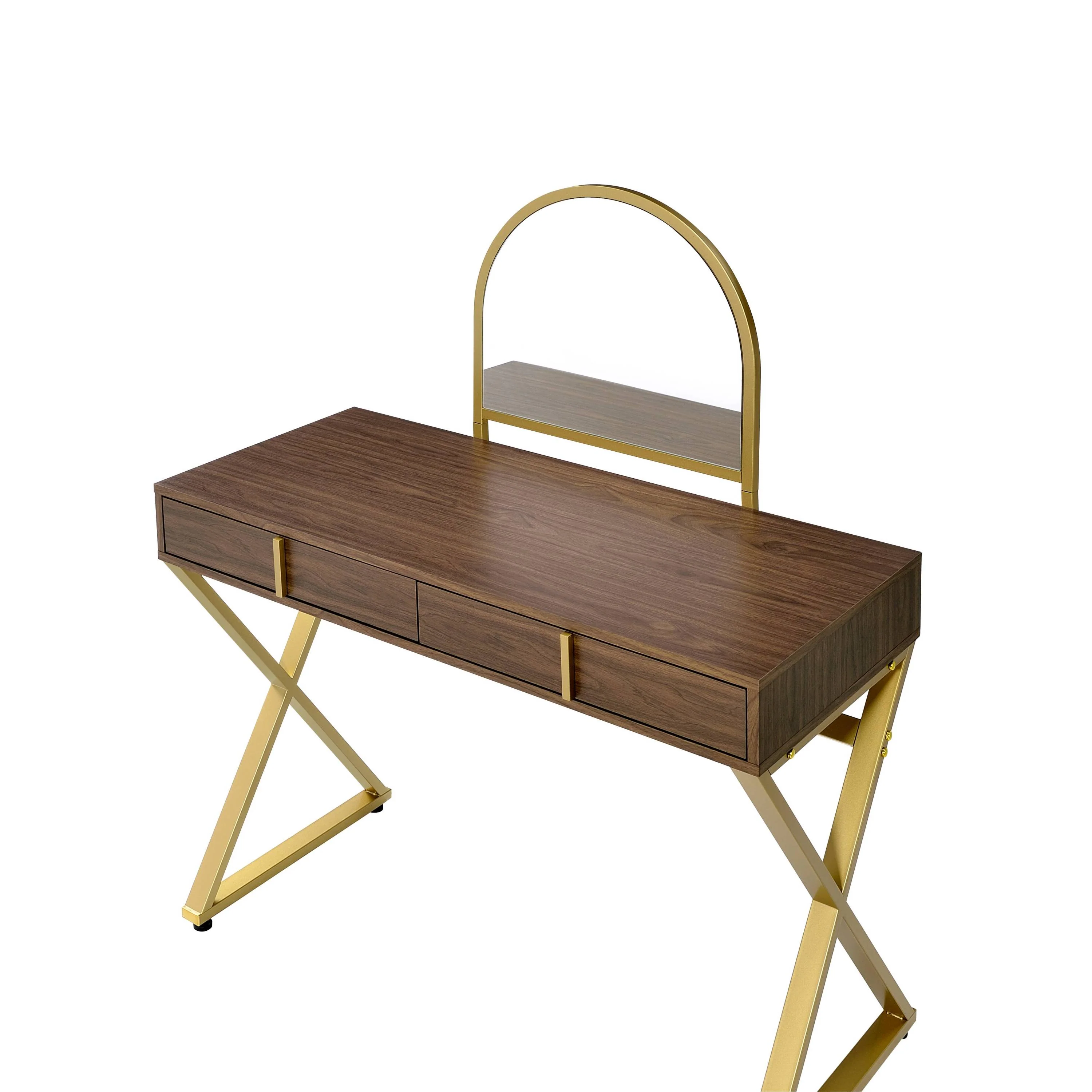 Walker Edison | Modern Walnut and Gold Finish Vanity Desk with Mirror and Jewelry Tray - Image 7