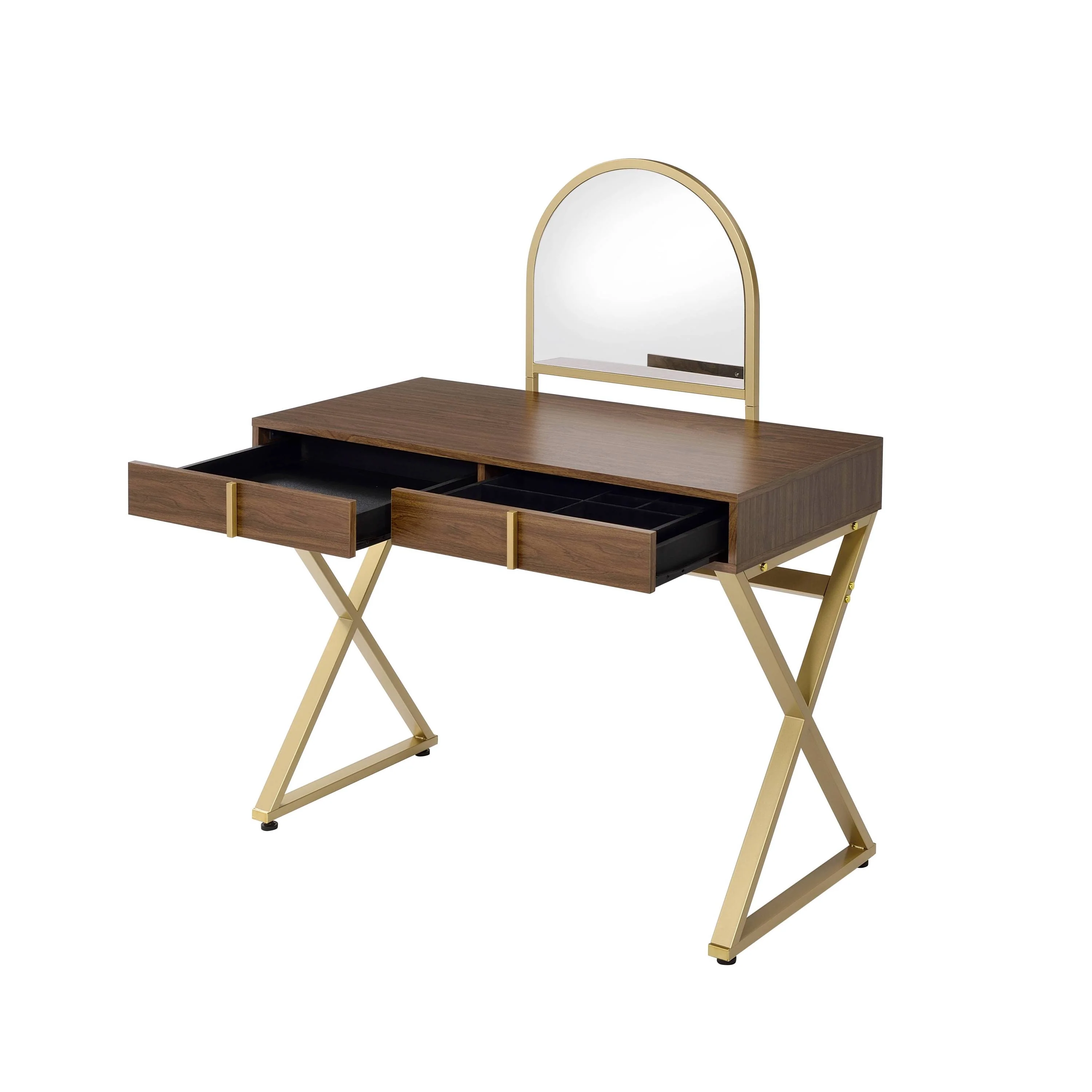 Walker Edison | Modern Walnut and Gold Finish Vanity Desk with Mirror and Jewelry Tray - Image 8