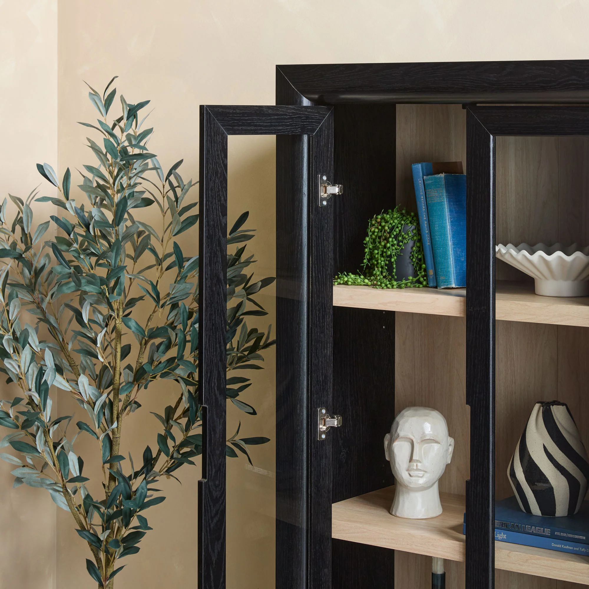 Amira Modern Wood Bookshelf with Glass Doors and Drawer Storage - Image 10