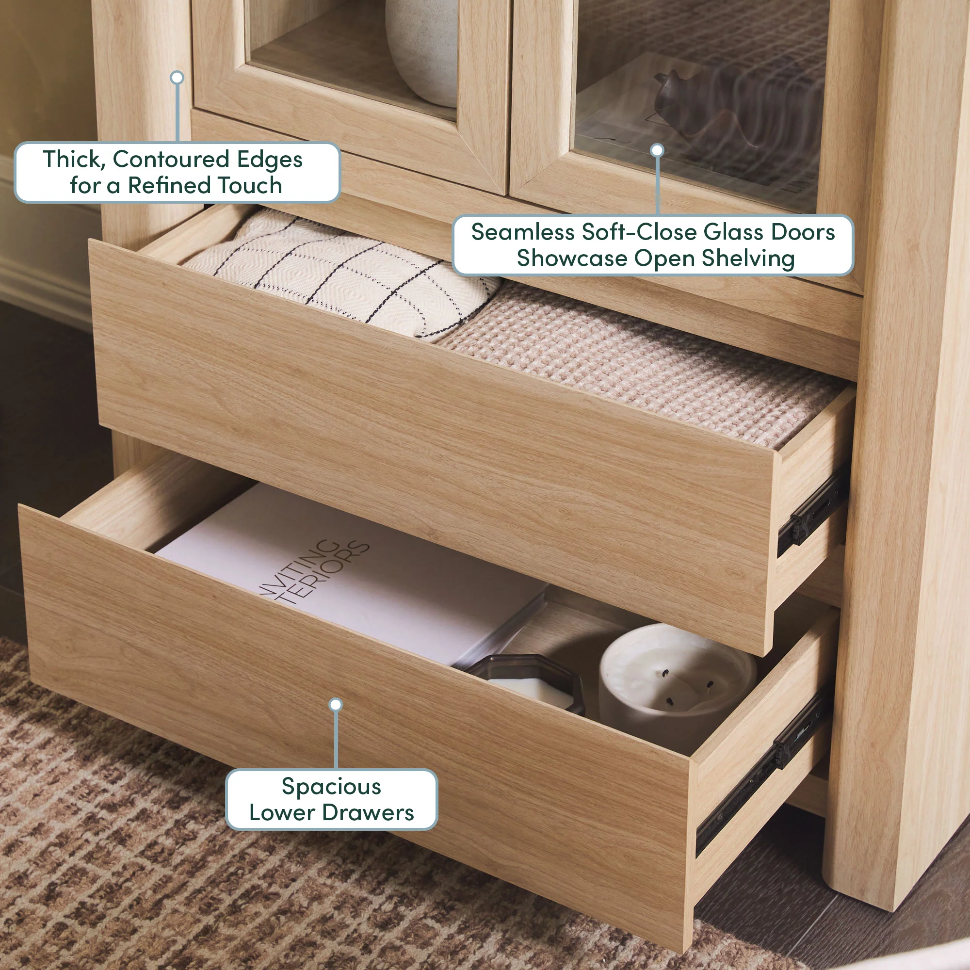 Amira Modern Wood Bookshelf with Glass Doors and Drawer Storage - Image 12