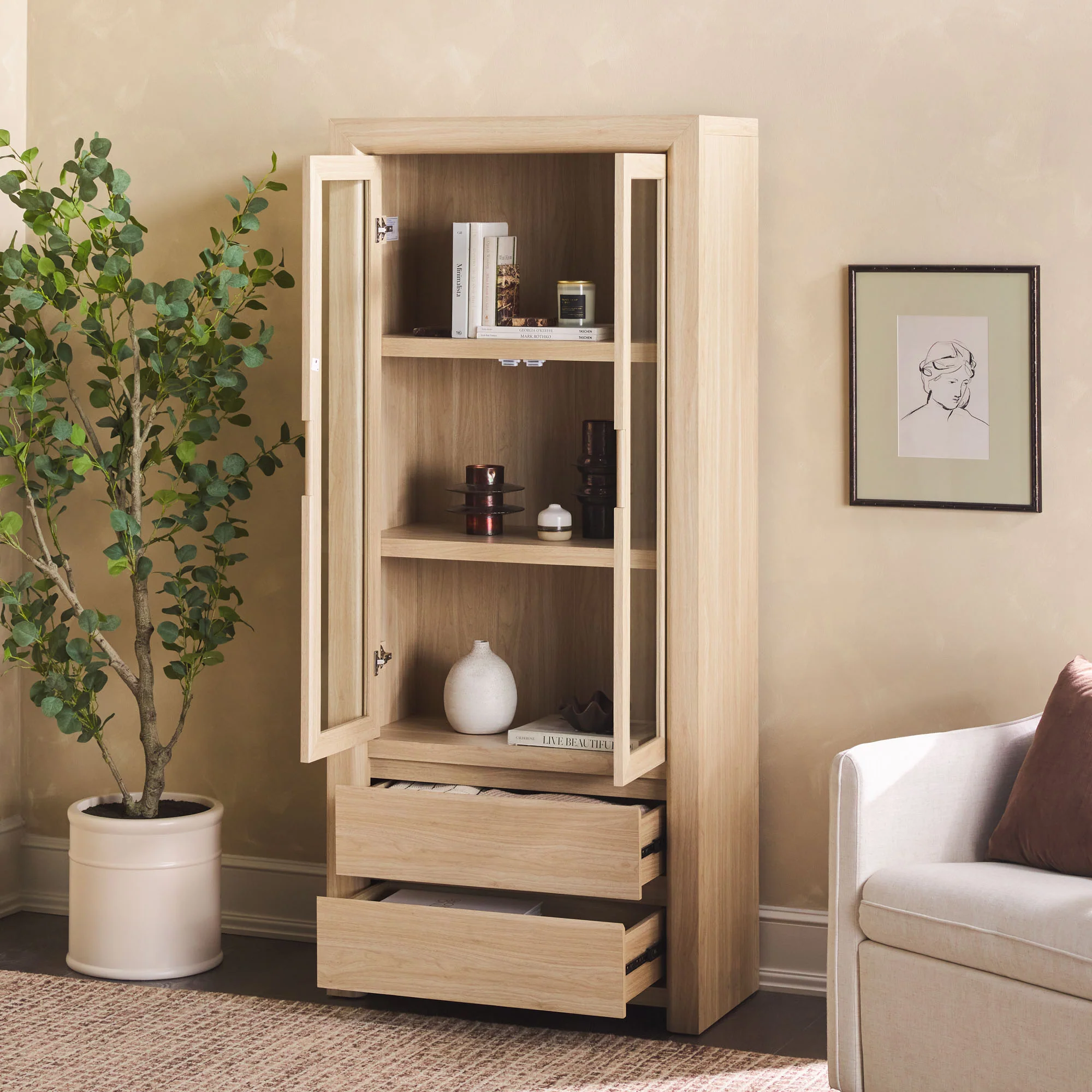 Amira Modern Wood Bookshelf with Glass Doors and Drawer Storage - Image 14