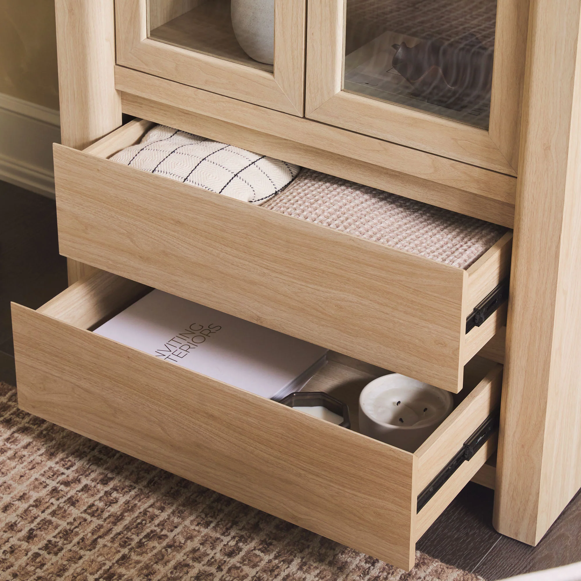 Amira Modern Wood Bookshelf with Glass Doors and Drawer Storage - Image 17