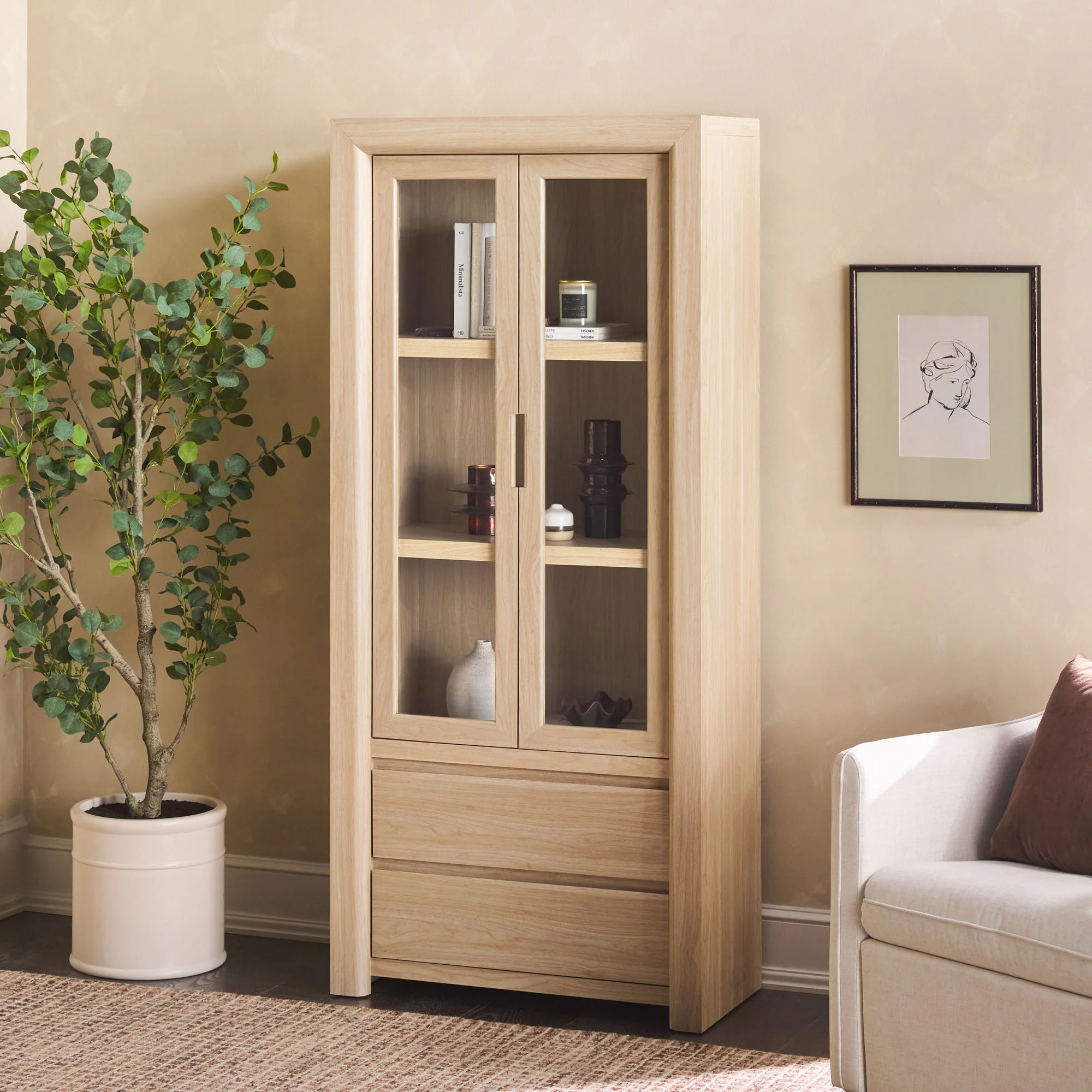 Amira Modern Wood Bookshelf with Glass Doors and Drawer Storage - Image 2