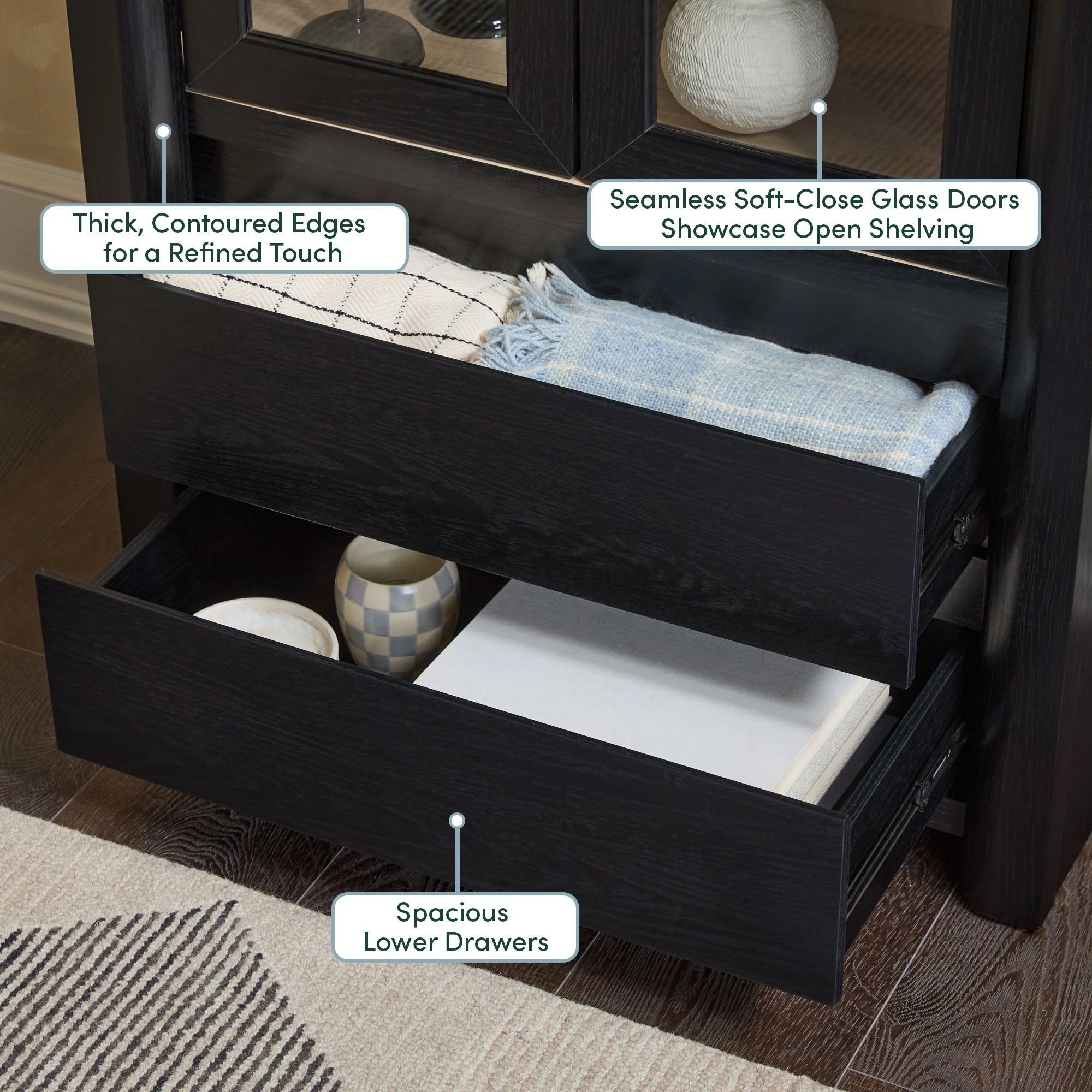 Amira Modern Wood Bookshelf with Glass Doors and Drawer Storage - Image 4