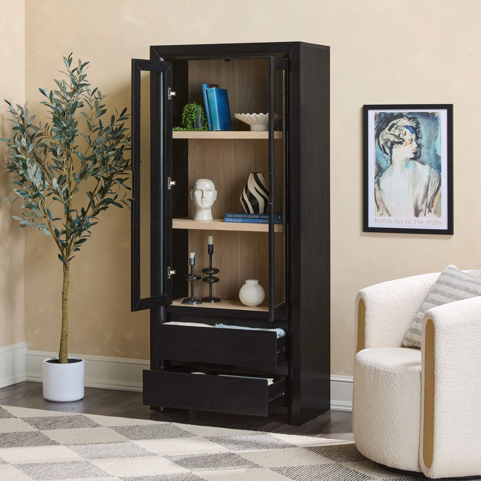 Amira Modern Wood Bookshelf with Glass Doors and Drawer Storage - Image 5