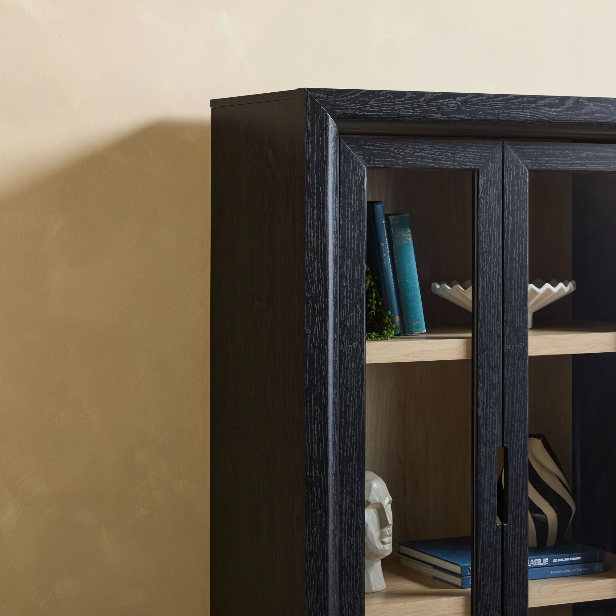 Amira Modern Wood Bookshelf with Glass Doors and Drawer Storage - Image 7