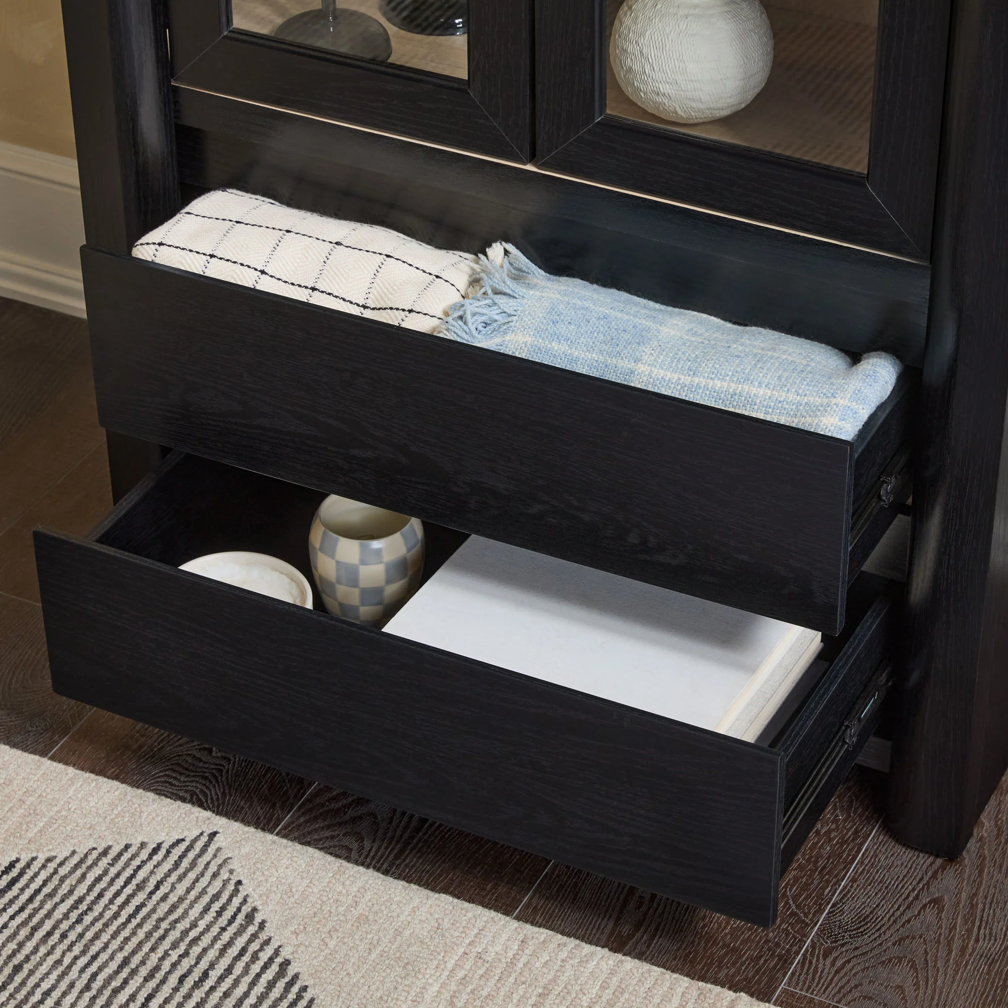 Amira Modern Wood Bookshelf with Glass Doors and Drawer Storage - Image 9