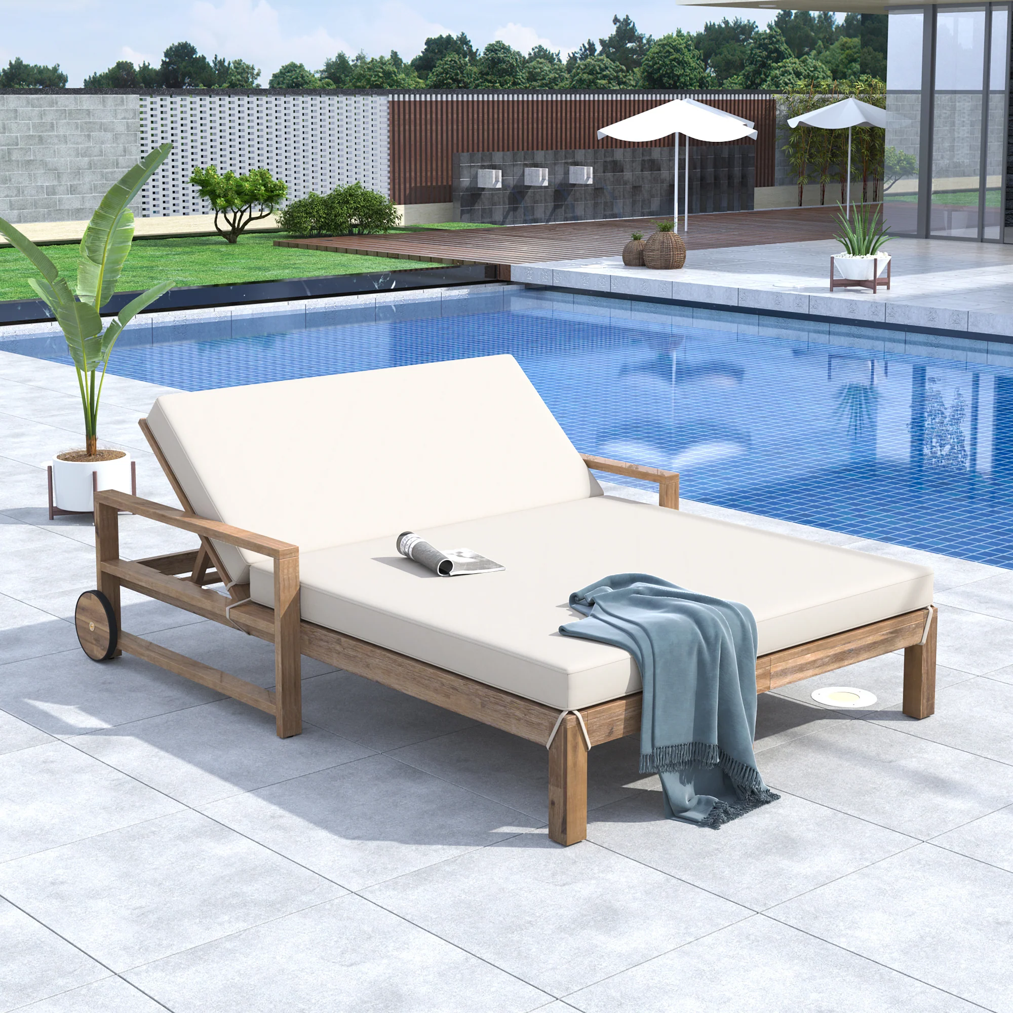 Modern Teak Wood Outdoor Patio Sunbathing Lounge Bed