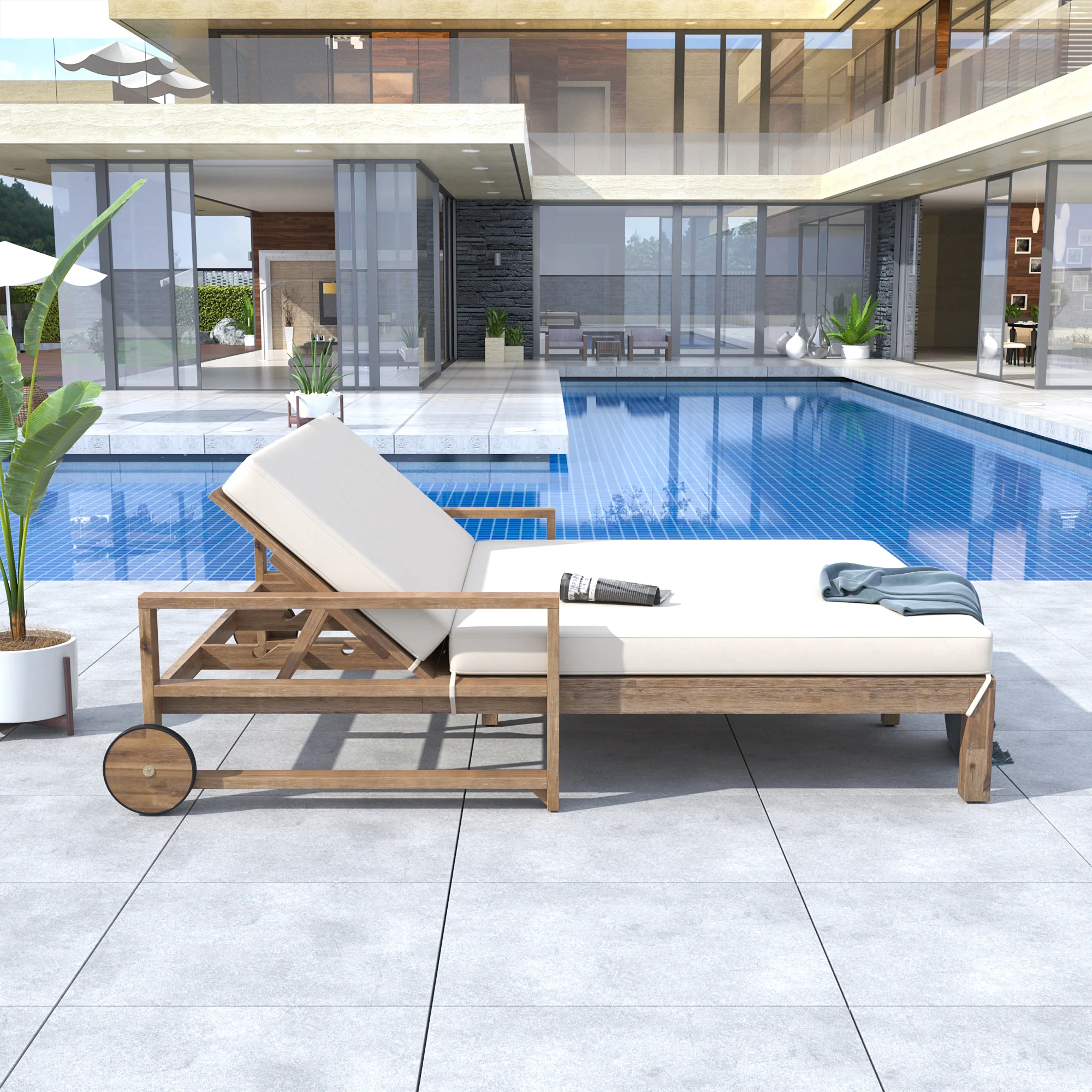 Modern Teak Wood Outdoor Patio Sunbathing Lounge Bed - Image 2