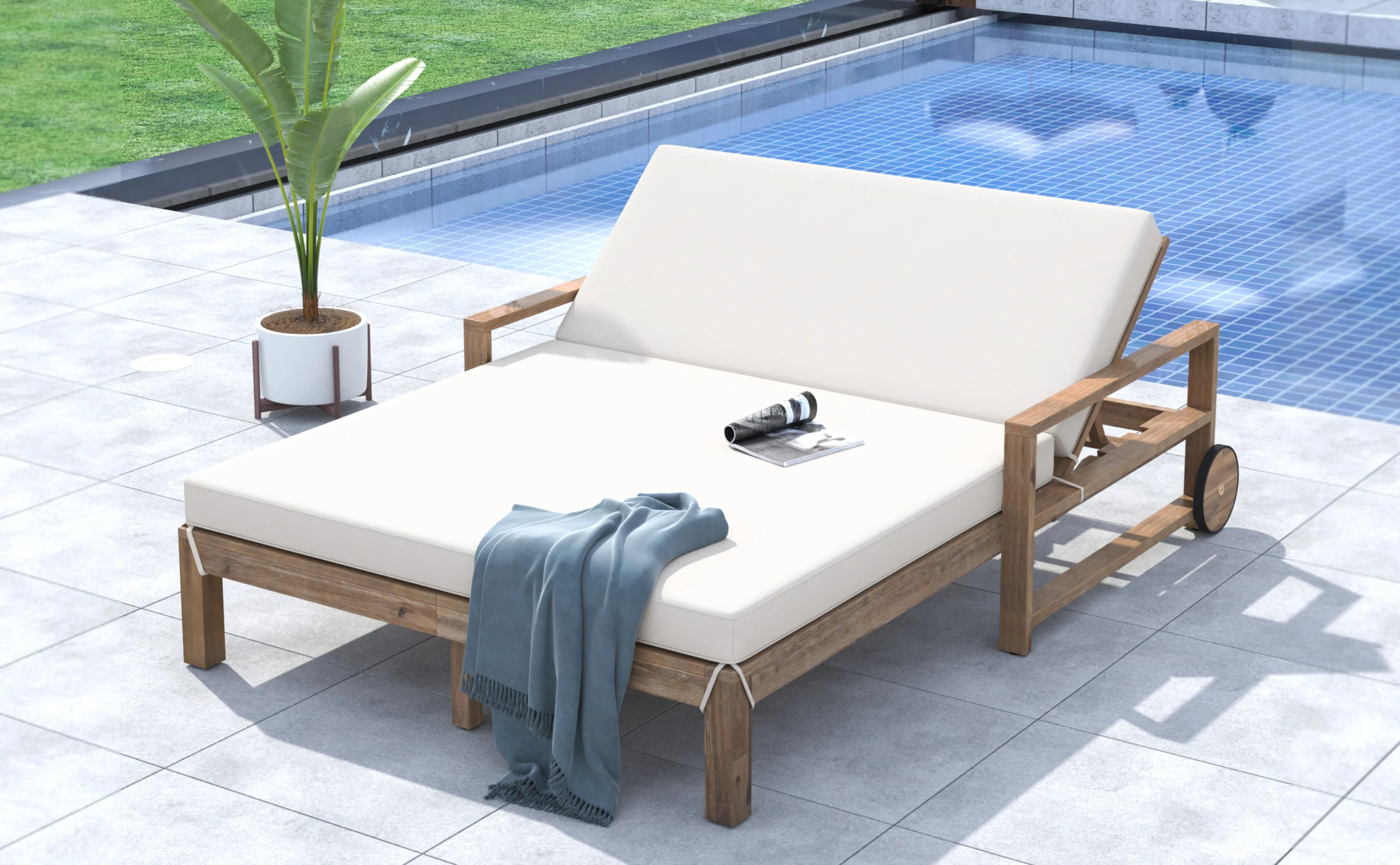 Modern Teak Wood Outdoor Patio Sunbathing Lounge Bed - Image 22