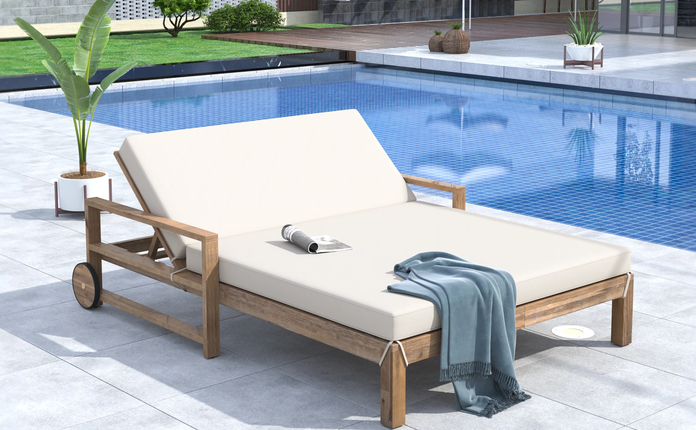 Modern Teak Wood Outdoor Patio Sunbathing Lounge Bed - Image 23