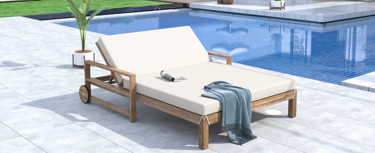 Modern Teak Wood Outdoor Patio Sunbathing Lounge Bed - Image 24