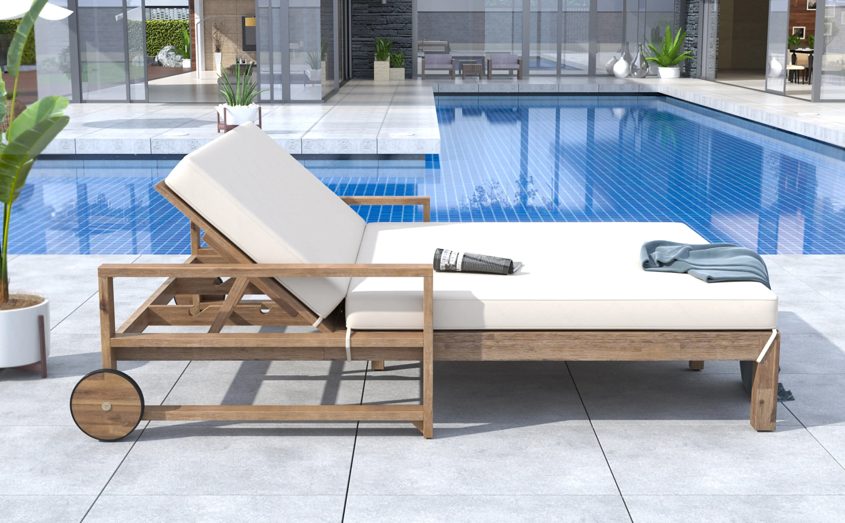 Modern Teak Wood Outdoor Patio Sunbathing Lounge Bed - Image 25