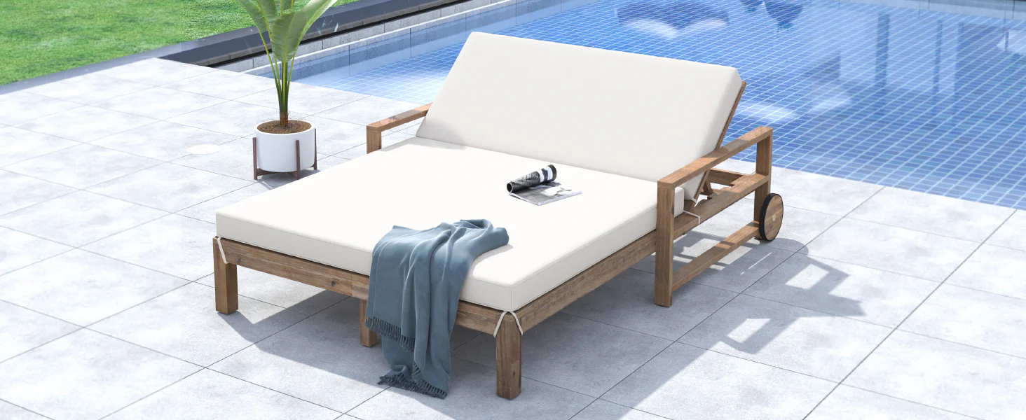 Modern Teak Wood Outdoor Patio Sunbathing Lounge Bed - Image 26