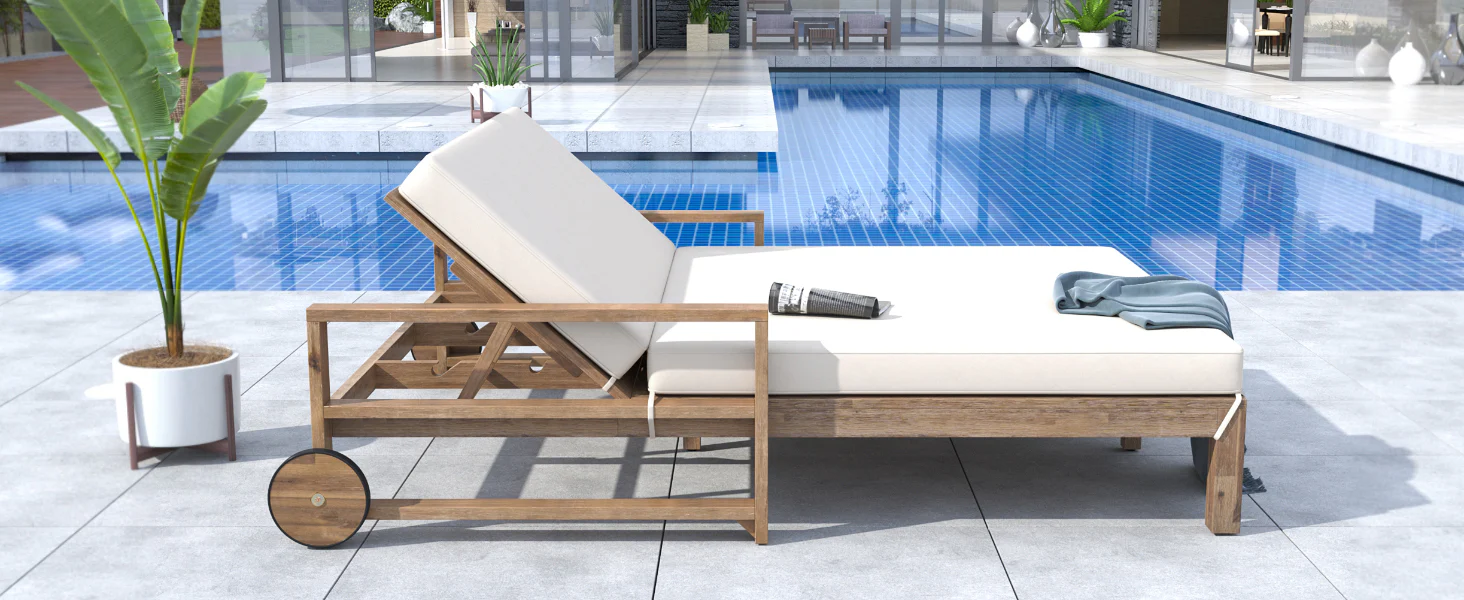 Modern Teak Wood Outdoor Patio Sunbathing Lounge Bed - Image 27