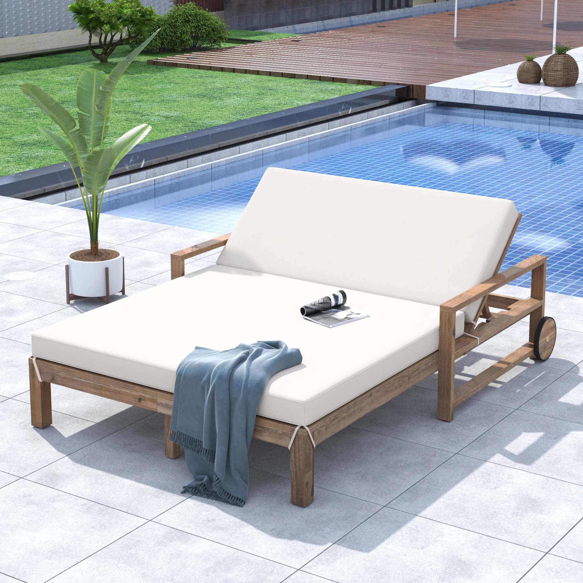 Modern Teak Wood Outdoor Patio Sunbathing Lounge Bed - Image 3
