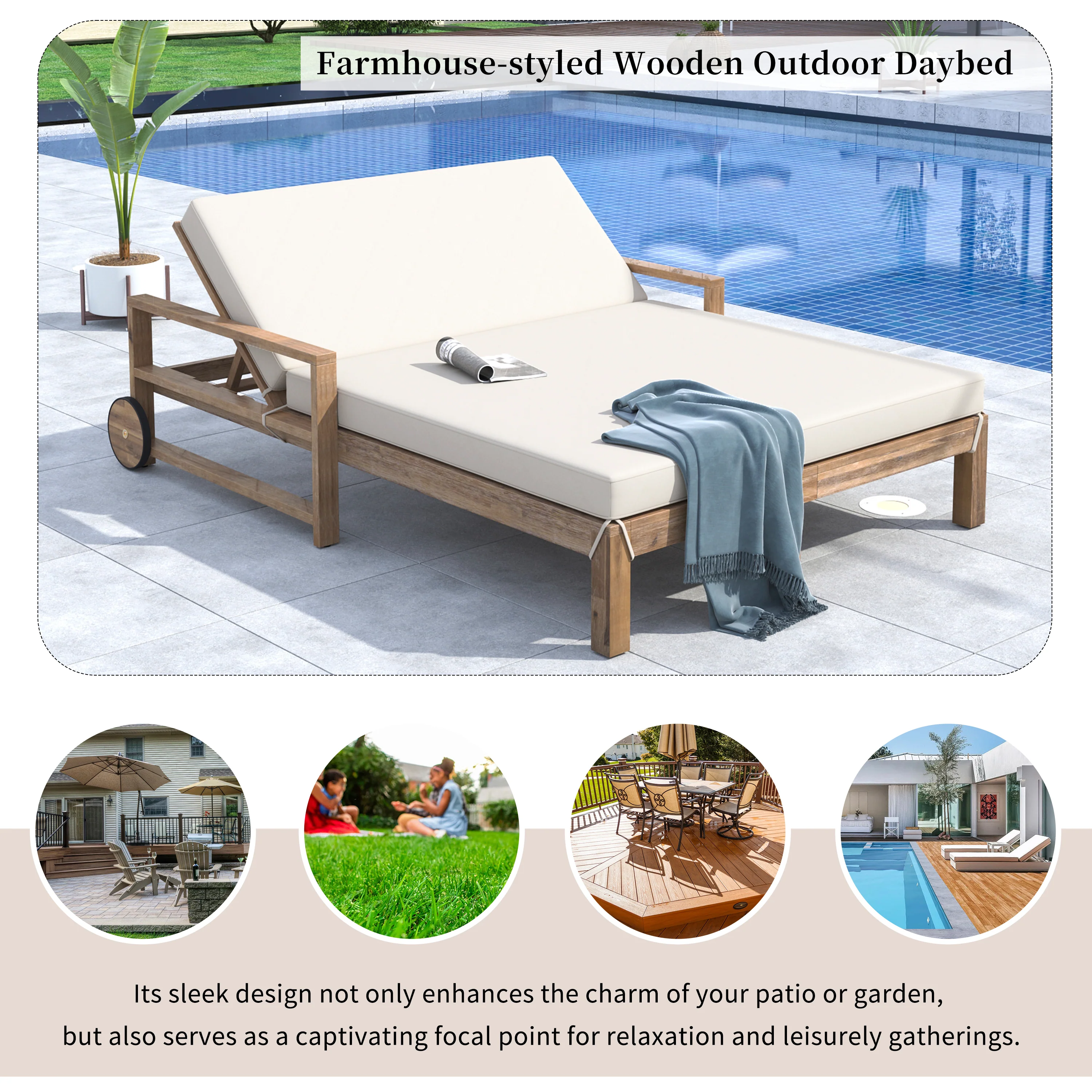 Modern Teak Wood Outdoor Patio Sunbathing Lounge Bed - Image 5