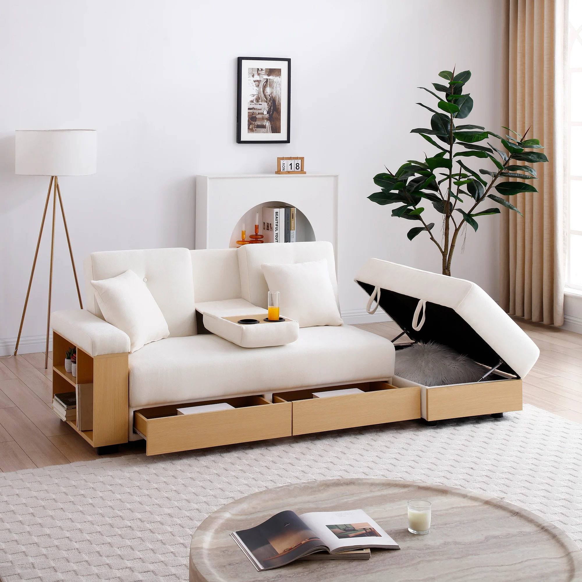 Multifunctional Convertible Sleeper Bed Sofa with Storage Ottoman