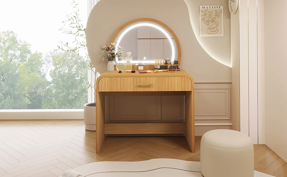 Walker Edison | Natural Reeded Curve Design Makeup Vanity Desk with Mirror - Image 10