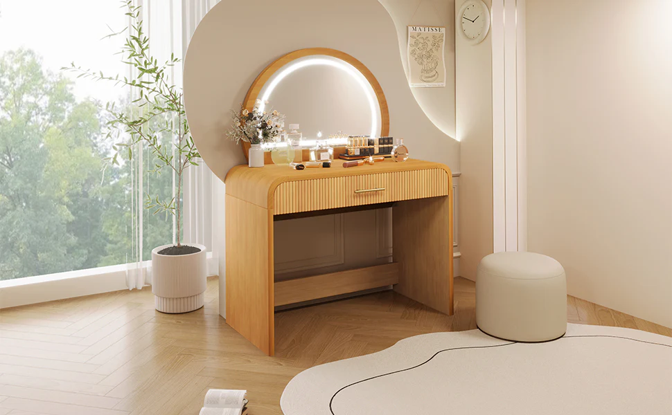 Walker Edison | Natural Reeded Curve Design Makeup Vanity Desk with Mirror - Image 11