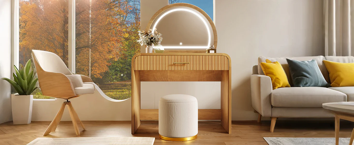 Walker Edison | Natural Reeded Curve Design Makeup Vanity Desk with Mirror - Image 12