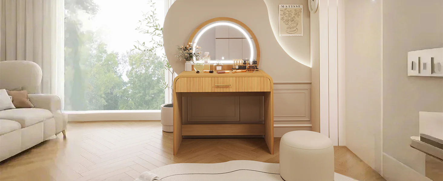 Walker Edison | Natural Reeded Curve Design Makeup Vanity Desk with Mirror - Image 13