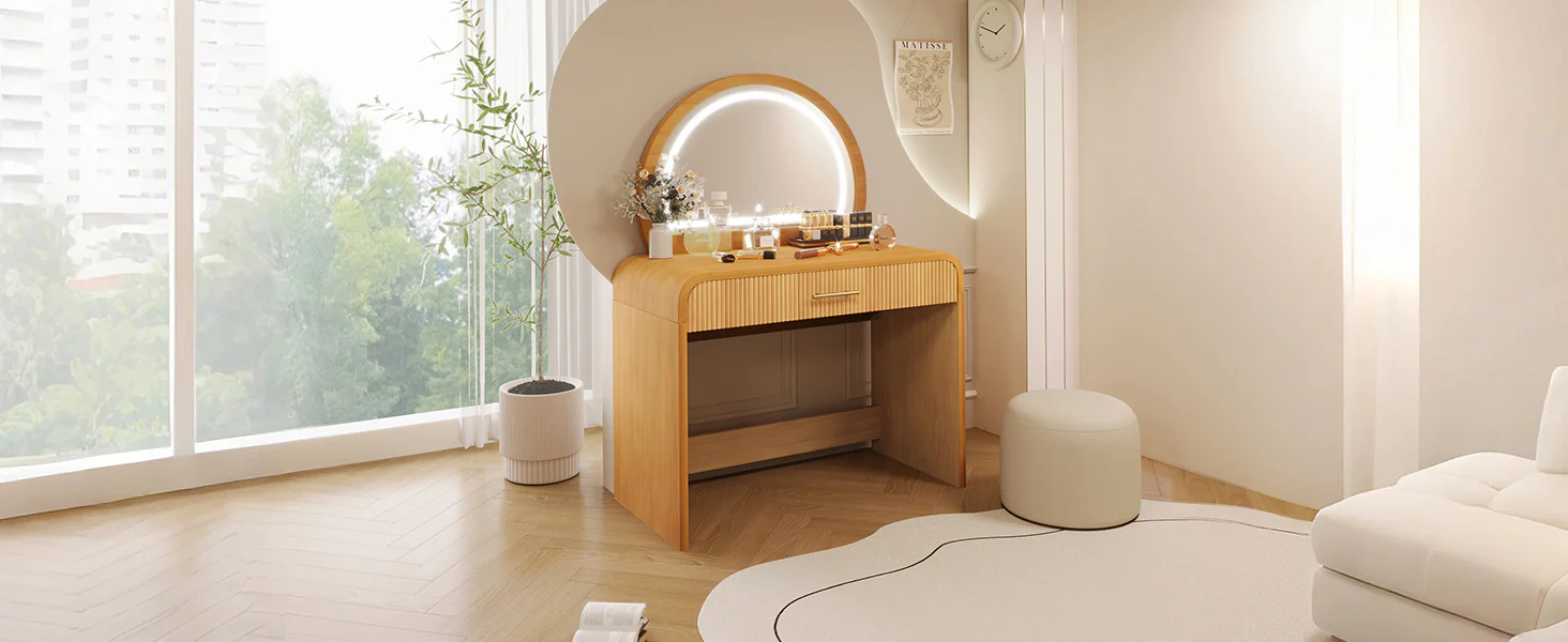 Walker Edison | Natural Reeded Curve Design Makeup Vanity Desk with Mirror - Image 14