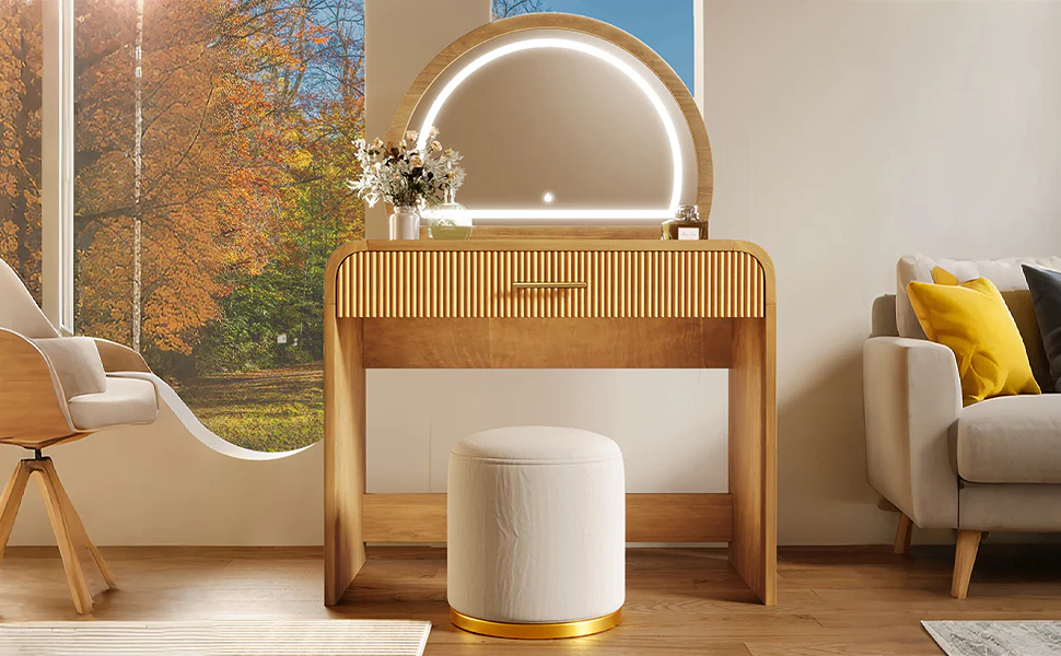 Walker Edison | Natural Reeded Curve Design Makeup Vanity Desk with Mirror - Image 9