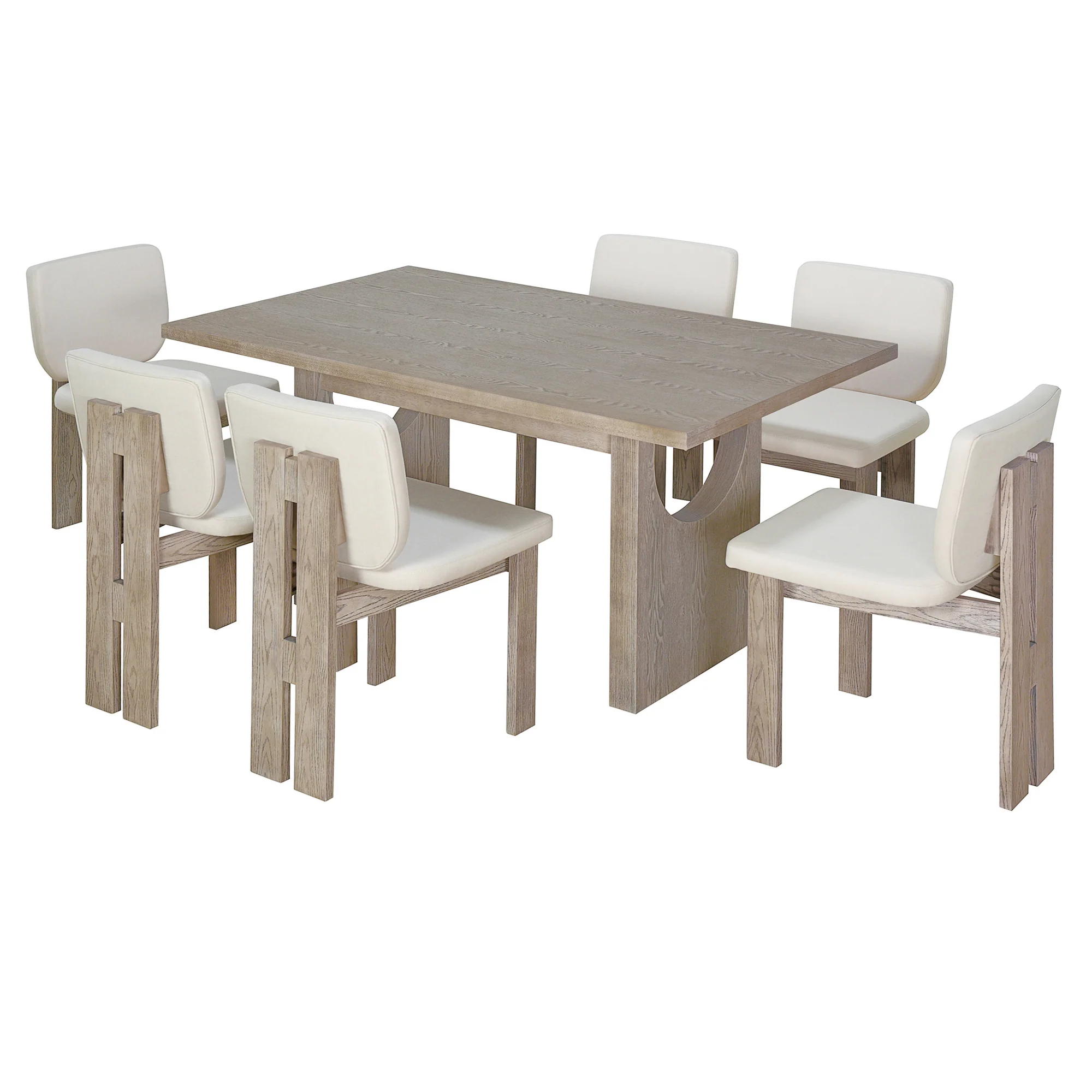 Walker Edison | Natural Wood Wash 7-Piece Retro Dining Set with 6 Upholstered Chairs - Image 11