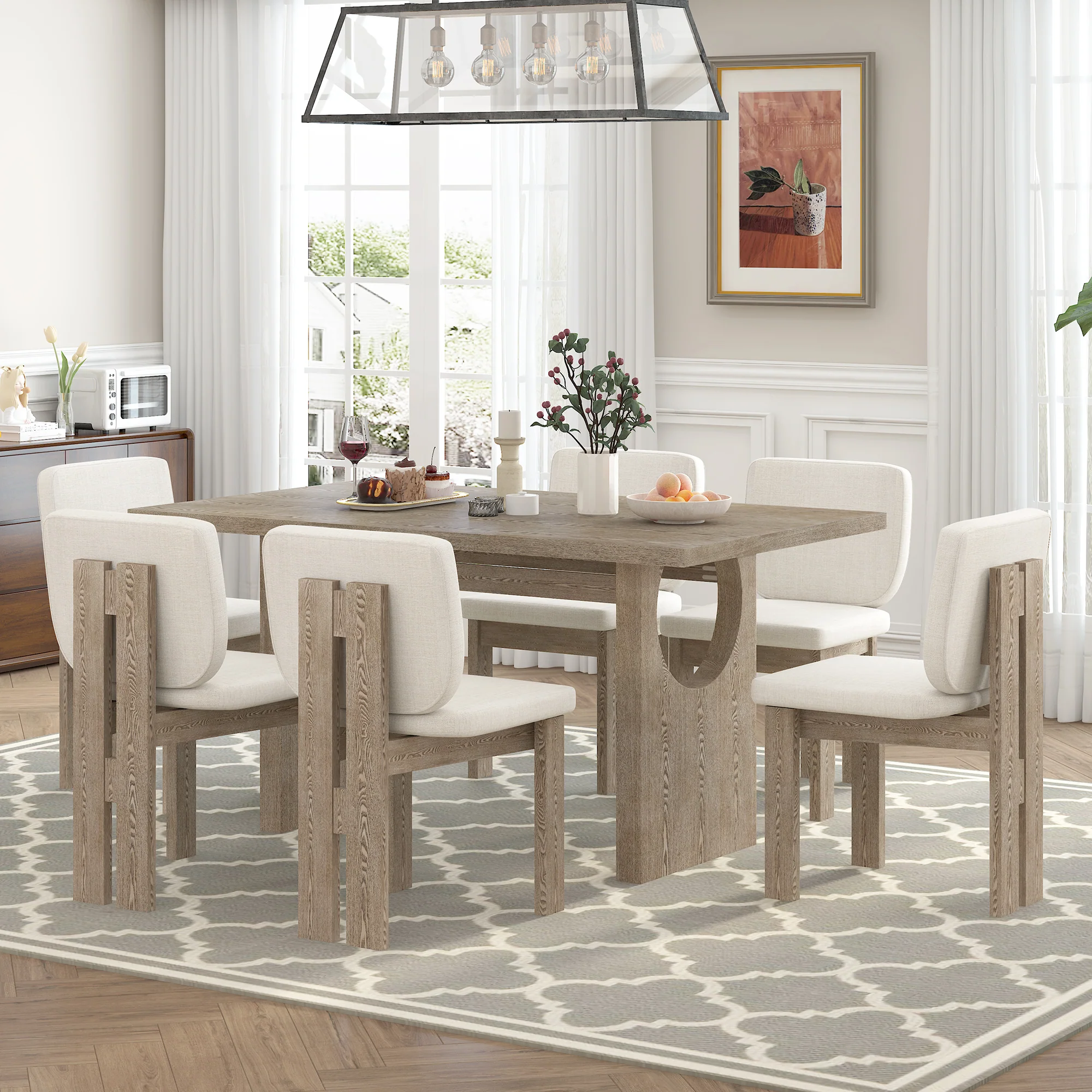 Walker Edison | Natural Wood Wash 7-Piece Retro Dining Set with 6 Upholstered Chairs - Image 2