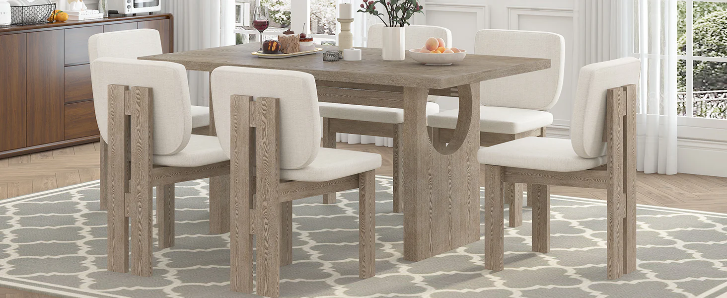 Walker Edison | Natural Wood Wash 7-Piece Retro Dining Set with 6 Upholstered Chairs - Image 26