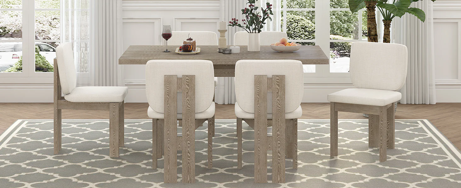 Walker Edison | Natural Wood Wash 7-Piece Retro Dining Set with 6 Upholstered Chairs - Image 27