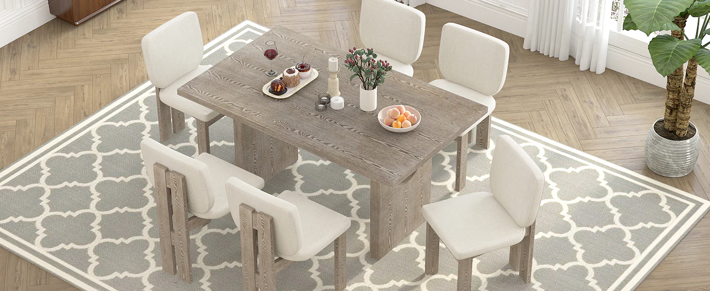 Walker Edison | Natural Wood Wash 7-Piece Retro Dining Set with 6 Upholstered Chairs - Image 28