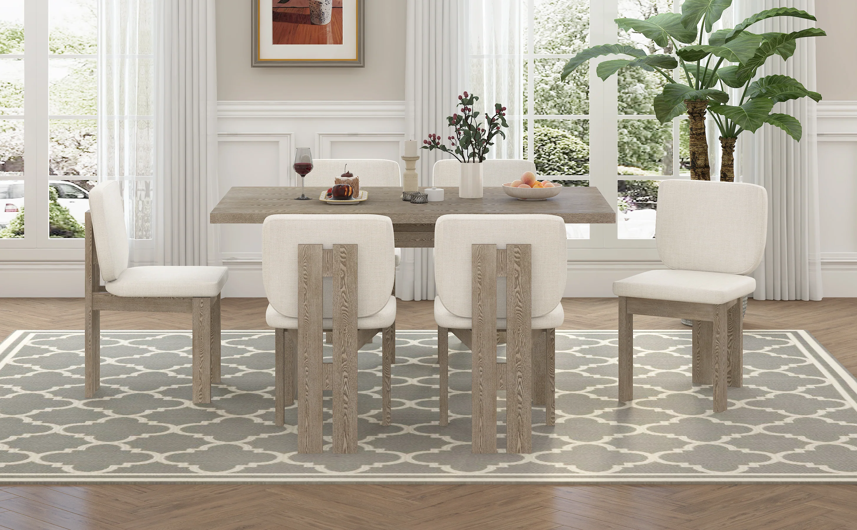 Walker Edison | Natural Wood Wash 7-Piece Retro Dining Set with 6 Upholstered Chairs - Image 29
