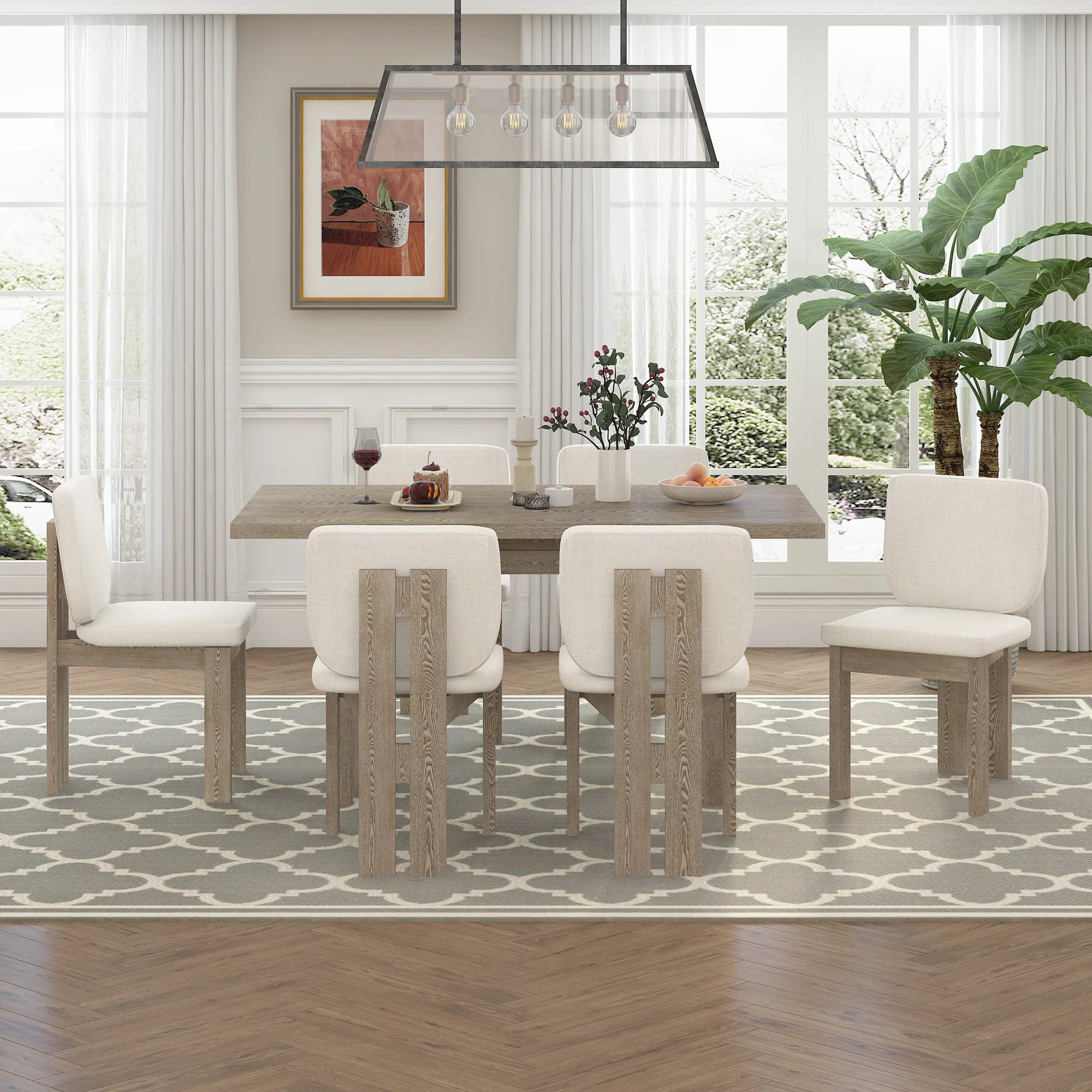 Walker Edison | Natural Wood Wash 7-Piece Retro Dining Set with 6 Upholstered Chairs - Image 3