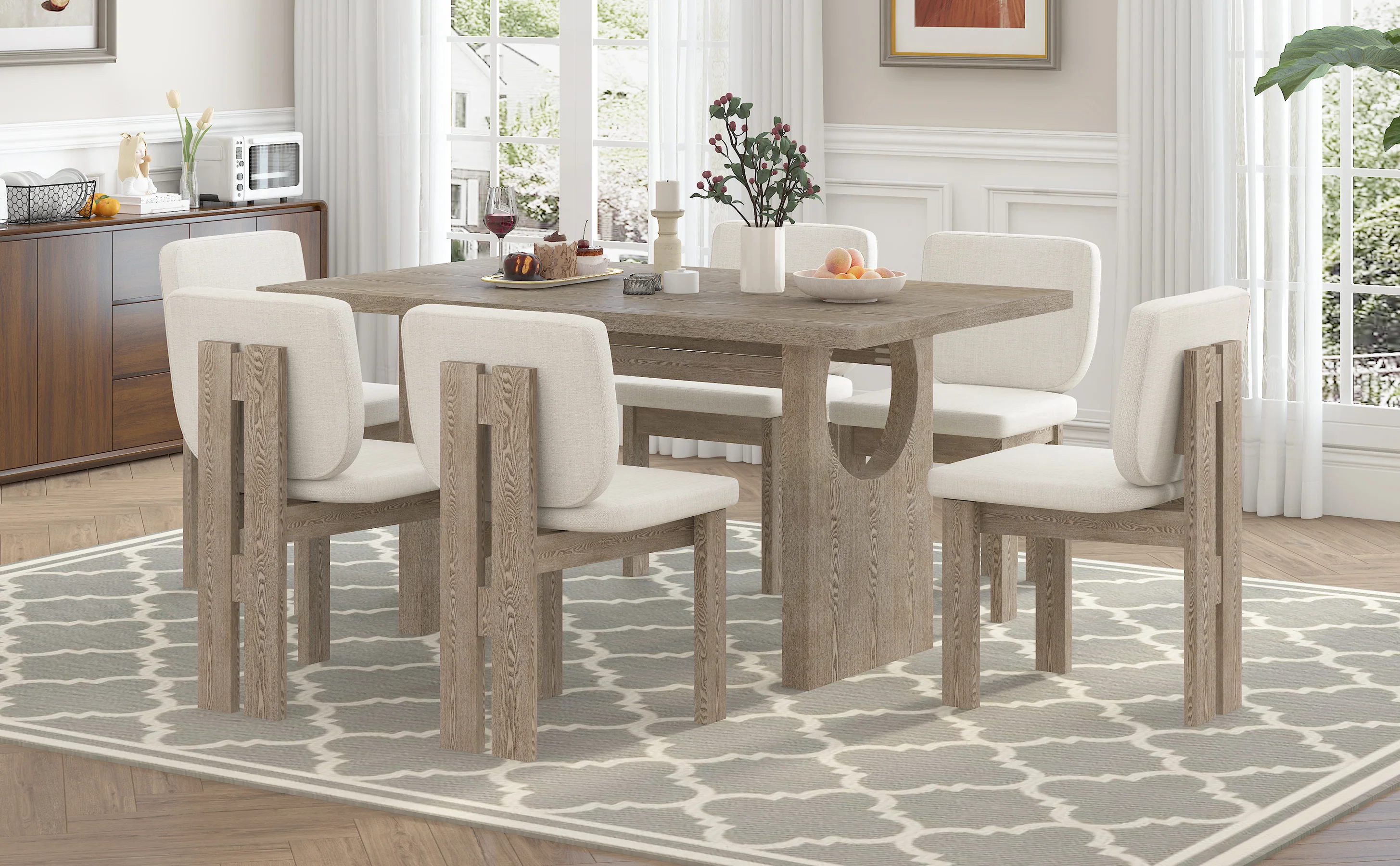 Walker Edison | Natural Wood Wash 7-Piece Retro Dining Set with 6 Upholstered Chairs - Image 30
